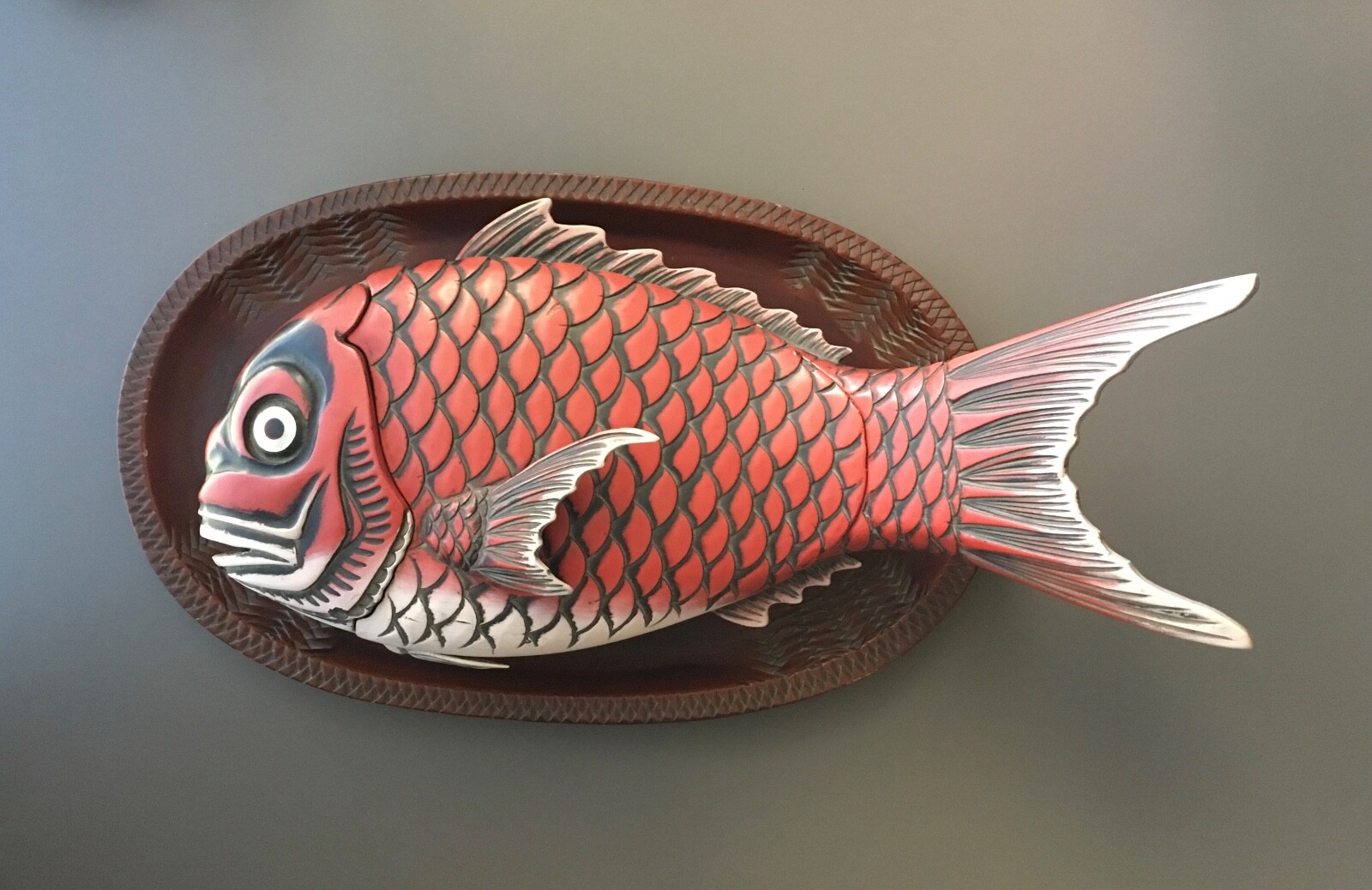 Vintage Japanese Takoaka Laquerware Carved Wood Tai Sea Bream Fish Lidded Box