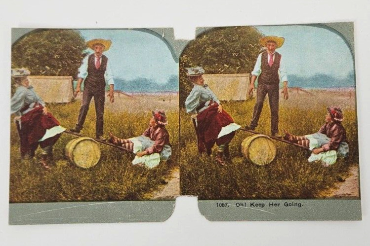Victorian Stereograph Humorous~Oh Keep Her Going~See Saw~2 Maidens 1 Man~Barrel
