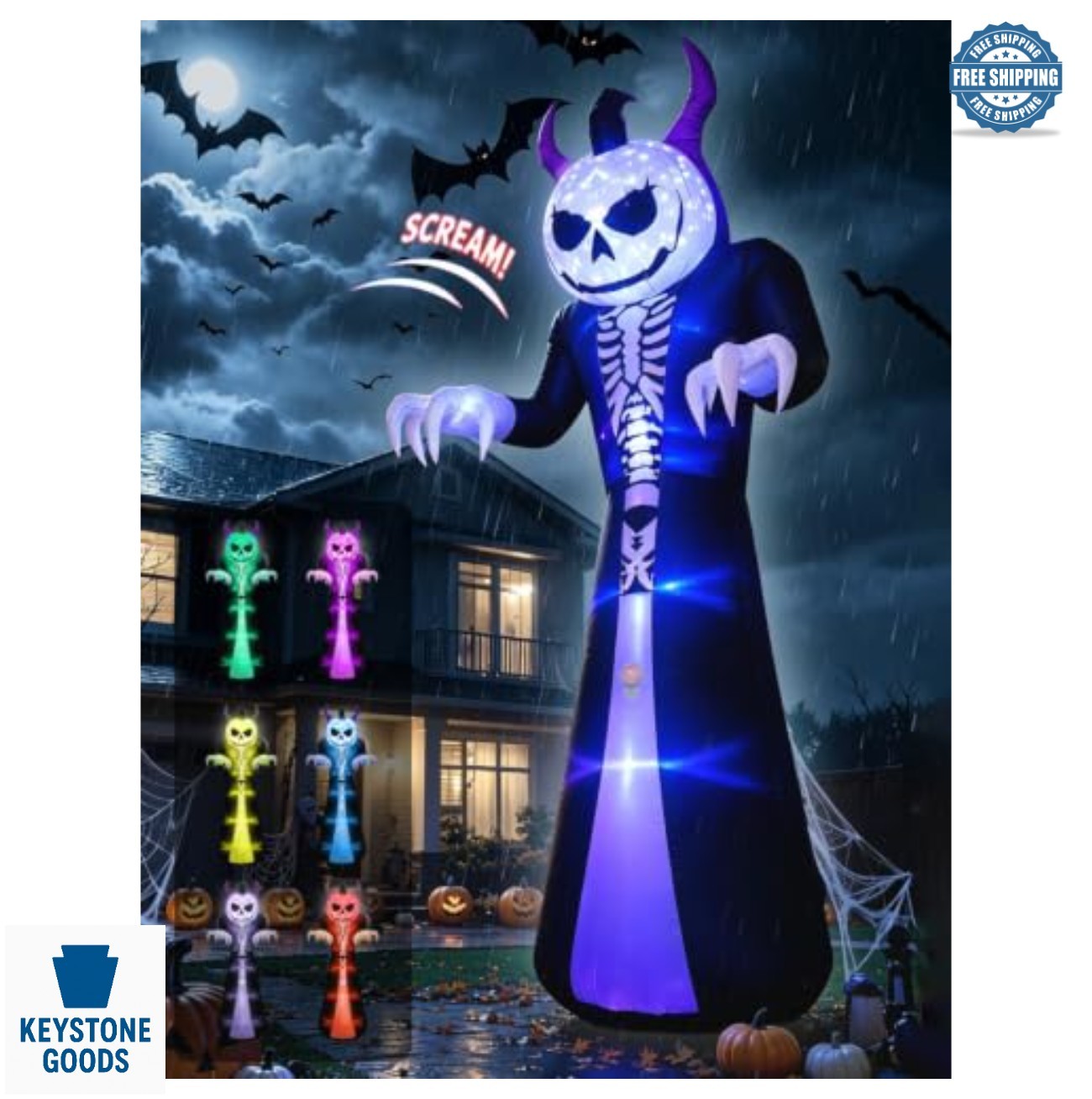 10FT Halloween Inflatable Grim Reaper Pumpkin Head Motion Activated Scream RGB
