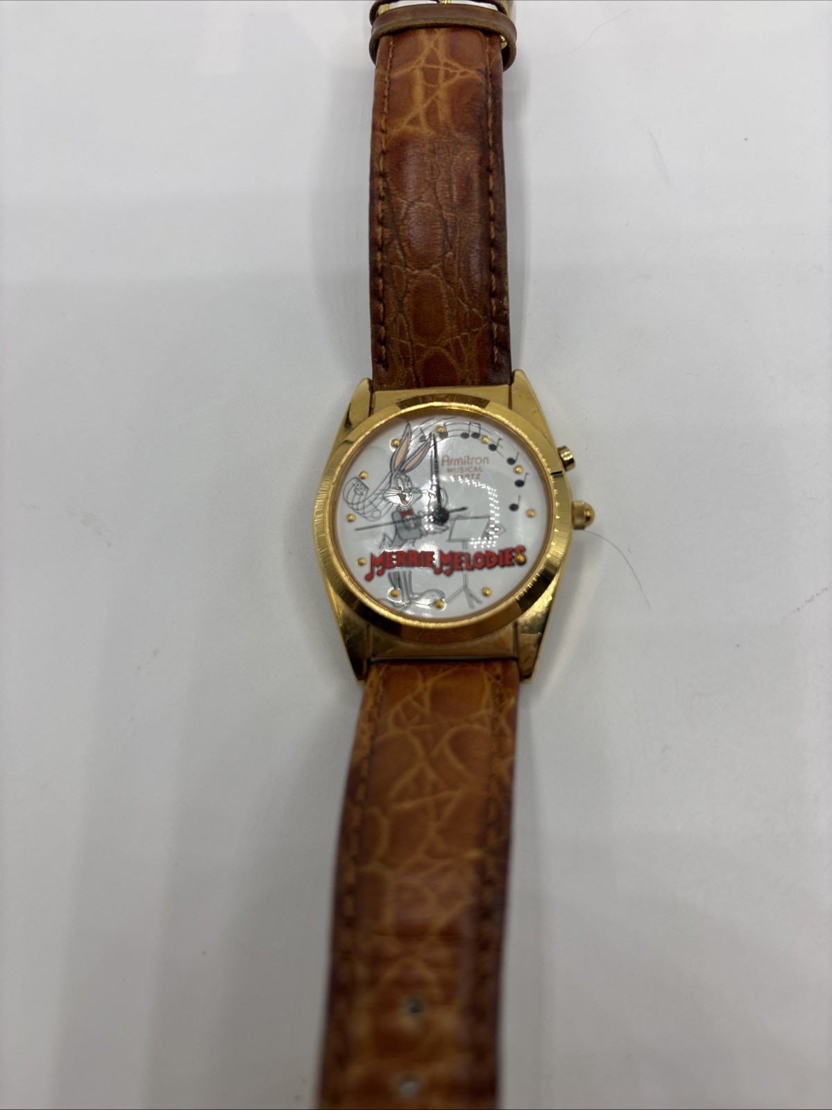 Armitron Musical Quartz Bugs Bunny Looney Tunes Watch Gold Case  Leather VTG