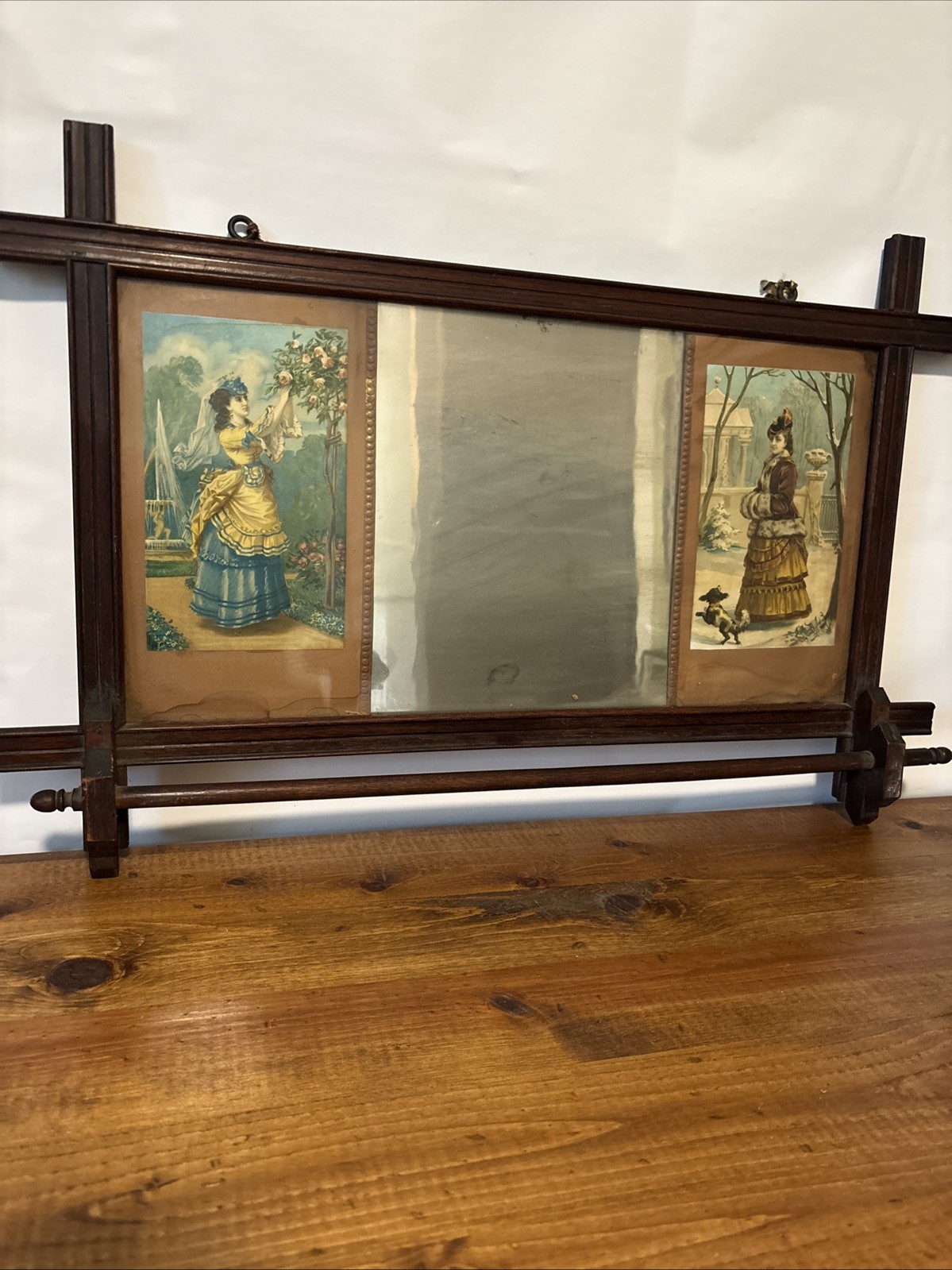 Vintage Early 20th Century Wood Photo Frame Mirror Towel Rack 16”