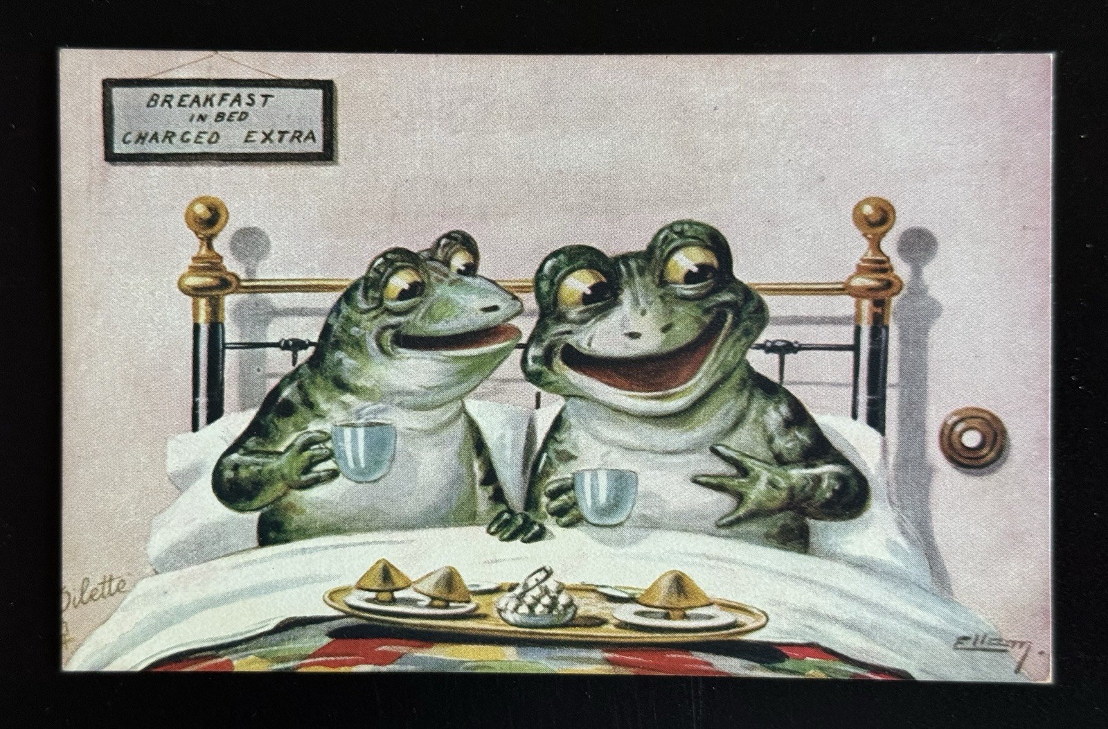TUCK A/s ELLAM Frogs Breakfast in Bed Antique Postcard Unposted
