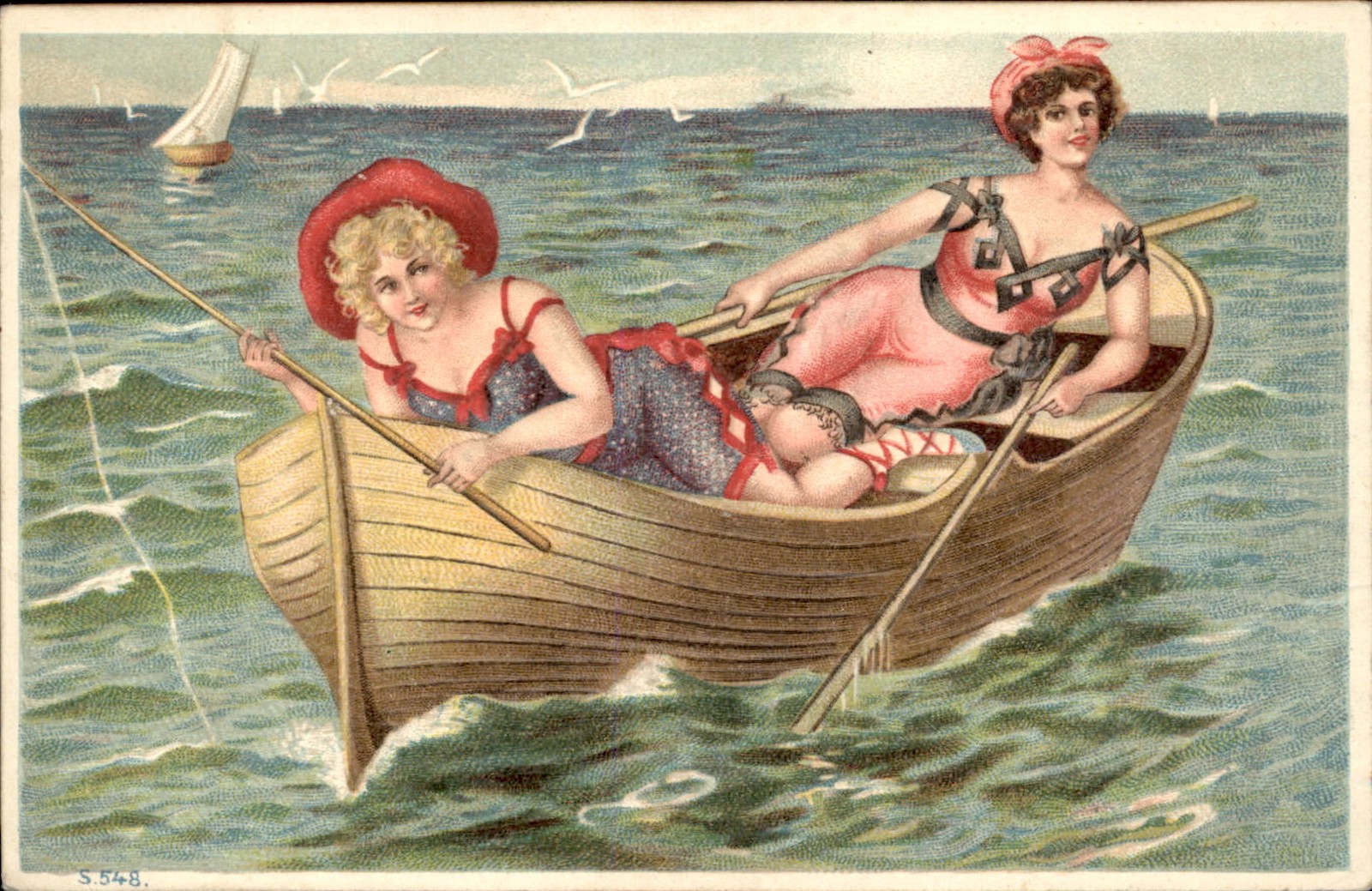 Bathing Beauties in Rowboat Fishing S.L. & Co. c1900s-10s Vintage Postcard bhn Bathing Beauties in Rowboat Fishing S.L. & Co. c1900s-10s Vintage Postcard bhn