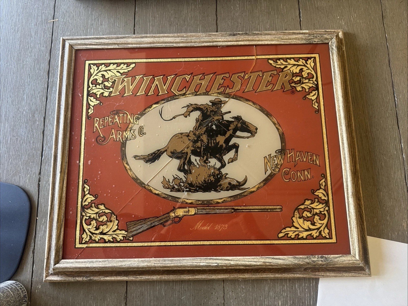 Vintage Winchester Model 1873 Advertising Print Framed Western Cowboy Gun Sign Vintage Winchester Model 1873 Advertising Print Framed Western Cowboy Gun Sign