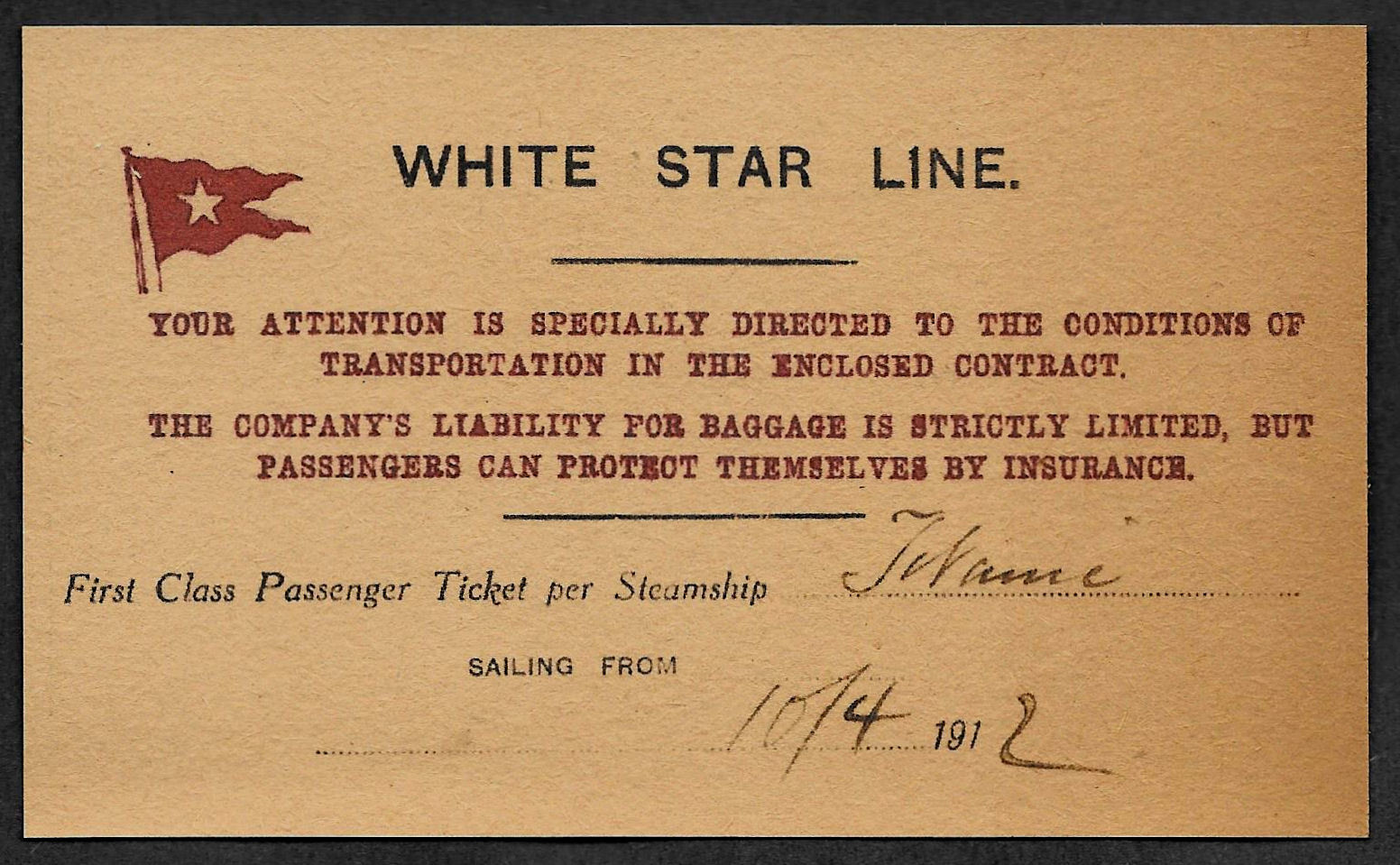 Titanic White Star Line Reprint Ticket On Original Period 1912 Paper *001 Titanic White Star Line Reprint Ticket On Original Period 1912 Paper *001