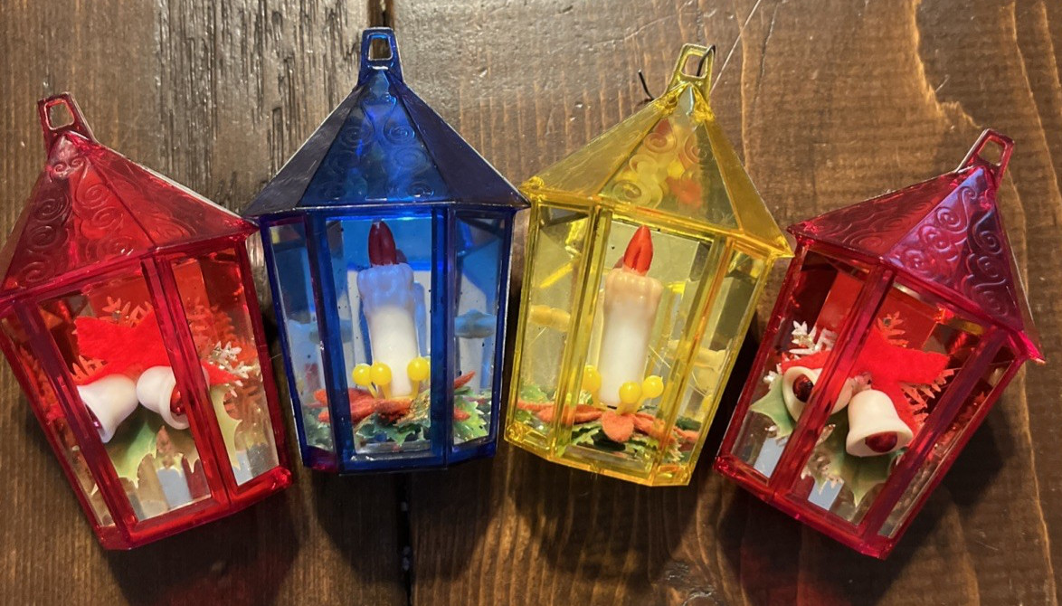 4 Vtg Lantern Candle Bell Jewel Brite Christmas Diorama Ornament Grannycore MCM 4 Vtg Lantern Candle Bell Jewel Brite Christmas Diorama Ornament Grannycore MCM