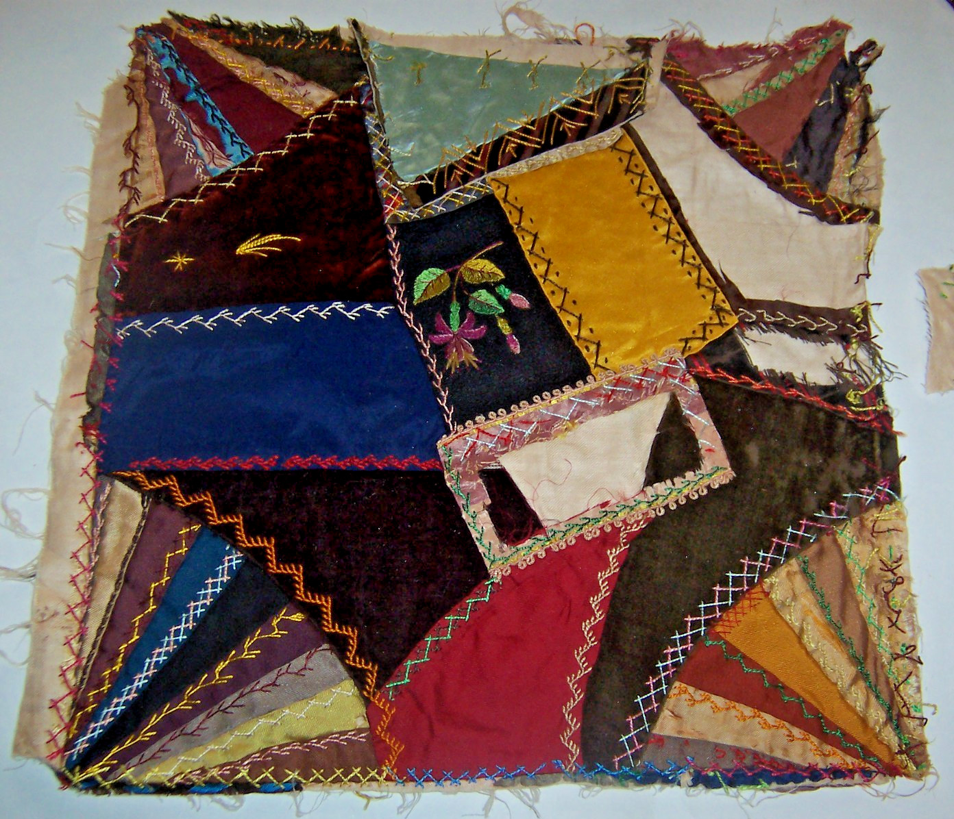 #3)Antique CRAZY QUILT BLOCK Embroidery/Silk Satin+Silk Velvet + PCs. to RESTORE