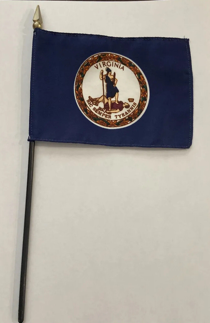 New Virginia State Mini Desk Flag - Black Wood Stick Gold Top 4” X 6” New Virginia State Mini Desk Flag - Black Wood Stick Gold Top 4” X 6”