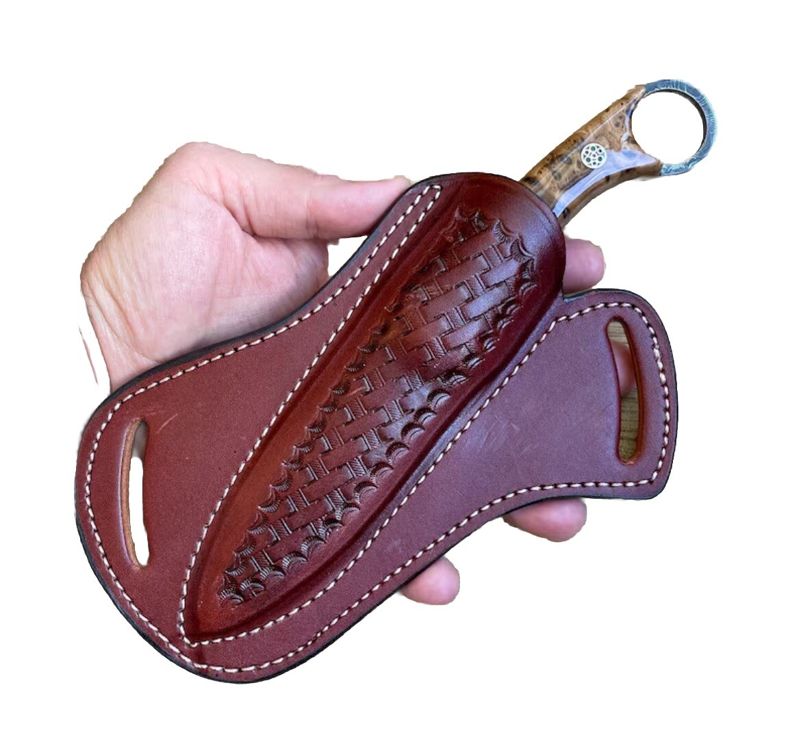 Leather Engraved Pancake Fixed Blade Knife Belt Sheath Folding Tool Case Cover