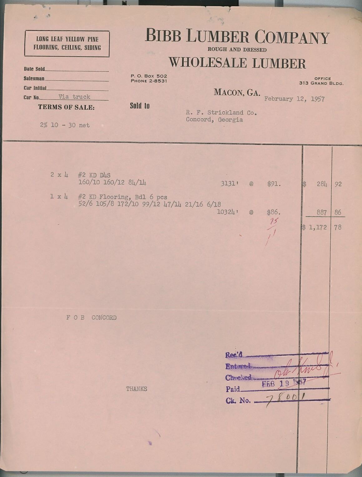 1957 Bibb Lumber Company Macon GA Rough and Dressed Wholesale Lumber Invoice 238