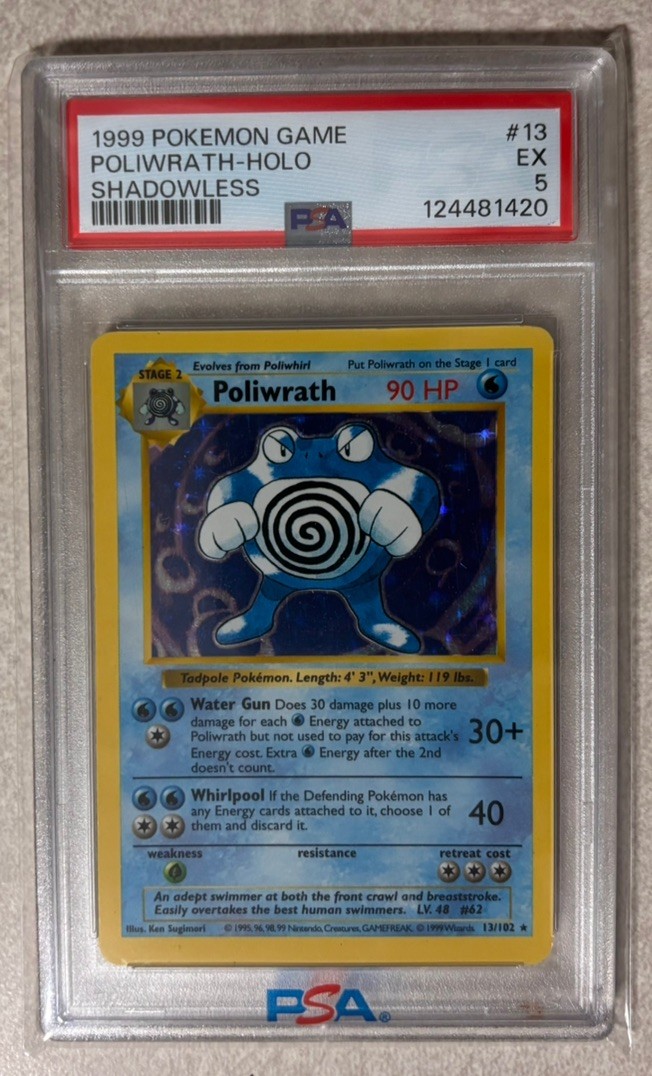 1999 Pokemon Base Set Shadowless #13 Poliwrath Holo PSA 5 Card 1999 Pokemon Base Set Shadowless #13 Poliwrath Holo PSA 5 Card