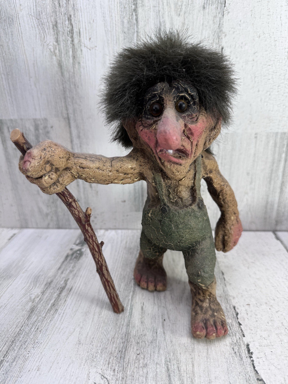 Vtg Nyform Scandinavian Troll Walker Figurine Folk Art Goblin Creature Cane Hair Vtg Nyform Scandinavian Troll Walker Figurine Folk Art Goblin Creature Cane Hair