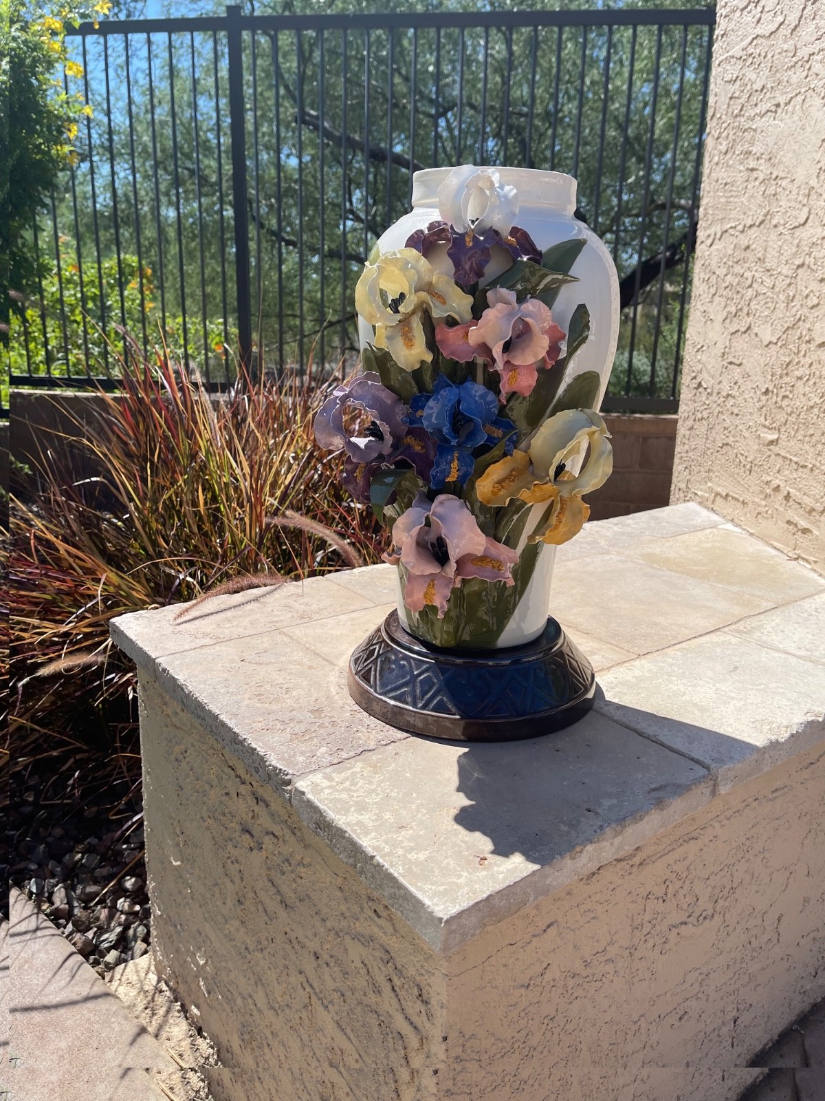 Unique Hand Painted Porcelain Vase with Raised Iris Flowers 1979 Unique Hand Painted Porcelain Vase with Raised Iris Flowers 1979