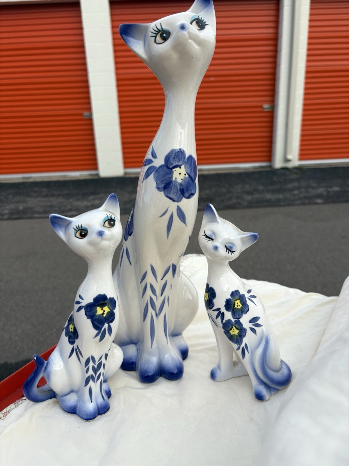 Vintage Long Neck Hand Painted Floral Cats Figurine Blue White 5”,6”,13” Tall Vintage Long Neck Hand Painted Floral Cats Figurine Blue White 5”,6”,13” Tall