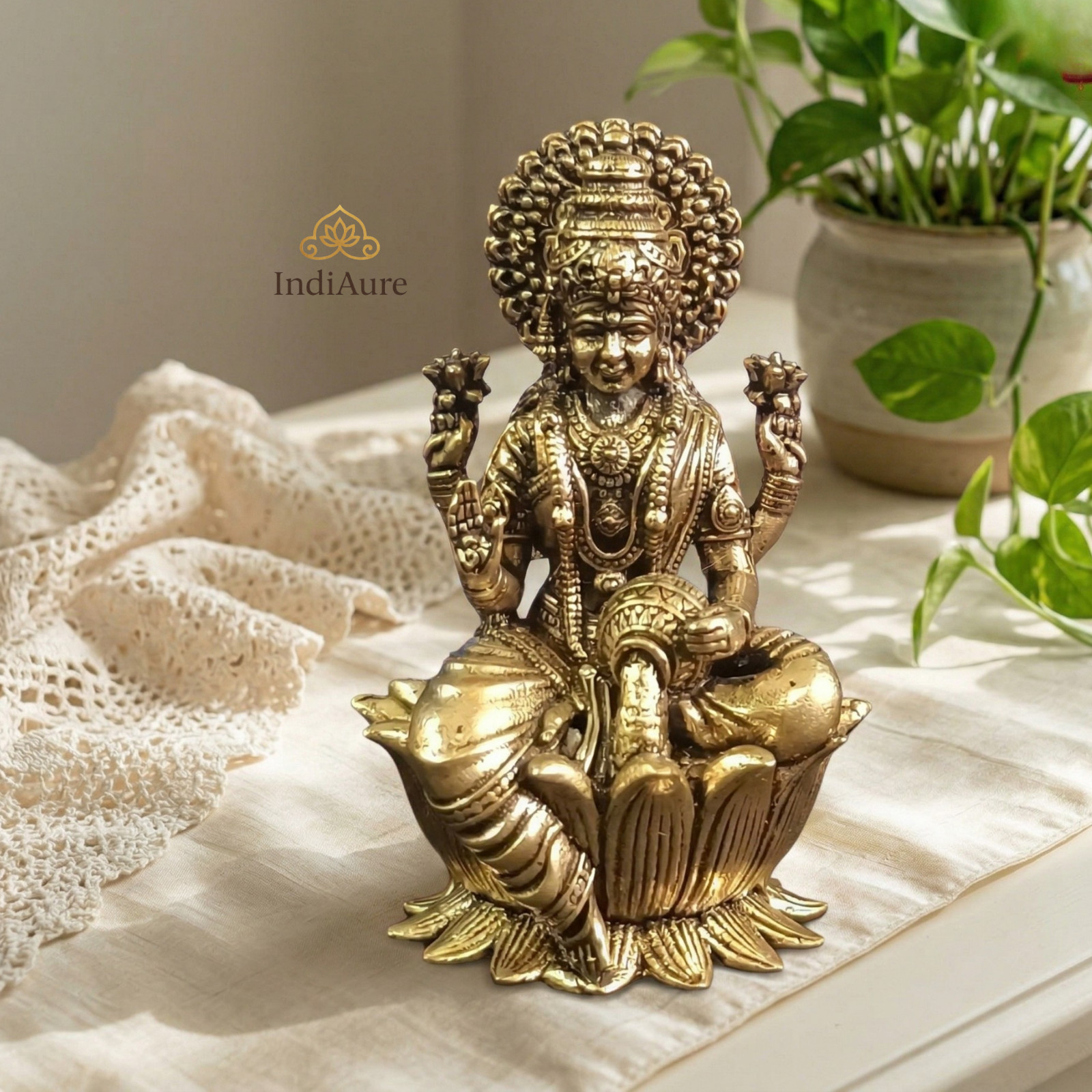 Brass Lakshmi Statue: Hindu Goddess of Wealth, Diwali Decor