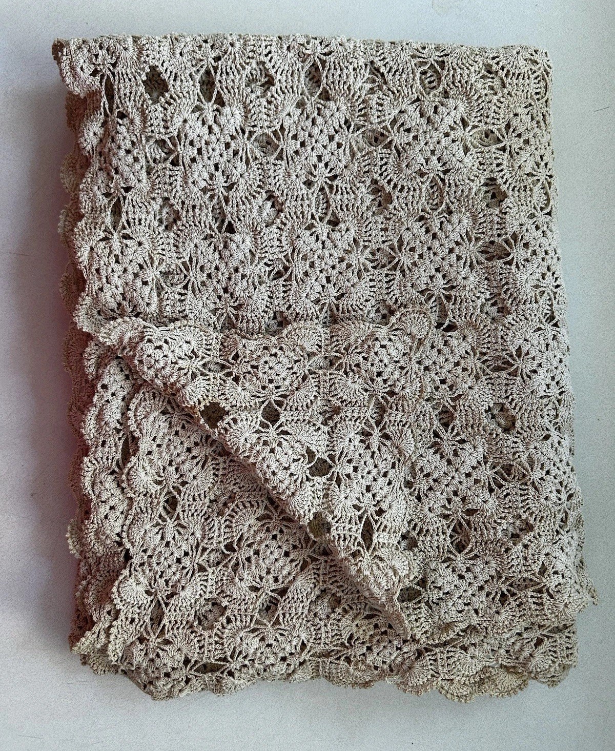 Antique VTG Handmade Crochet Lace Tablecloth Ecru Ivory Scalloped Edge 62x50” Antique VTG Handmade Crochet Lace Tablecloth Ecru Ivory Scalloped Edge 62x50”