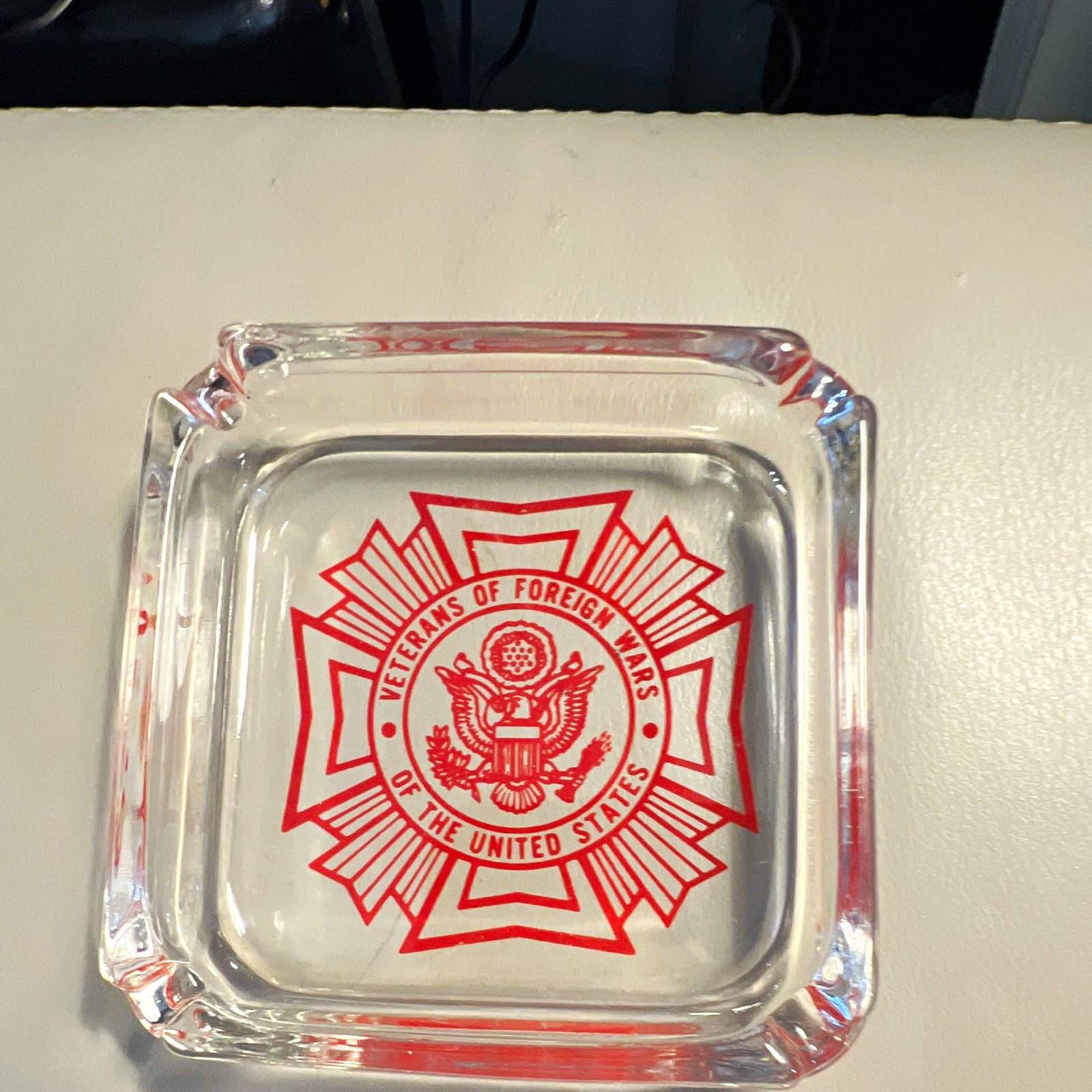 Vintage VFW Glass Ashtray Square Clear Red Logo Veterans of Foreign Wars Emblem