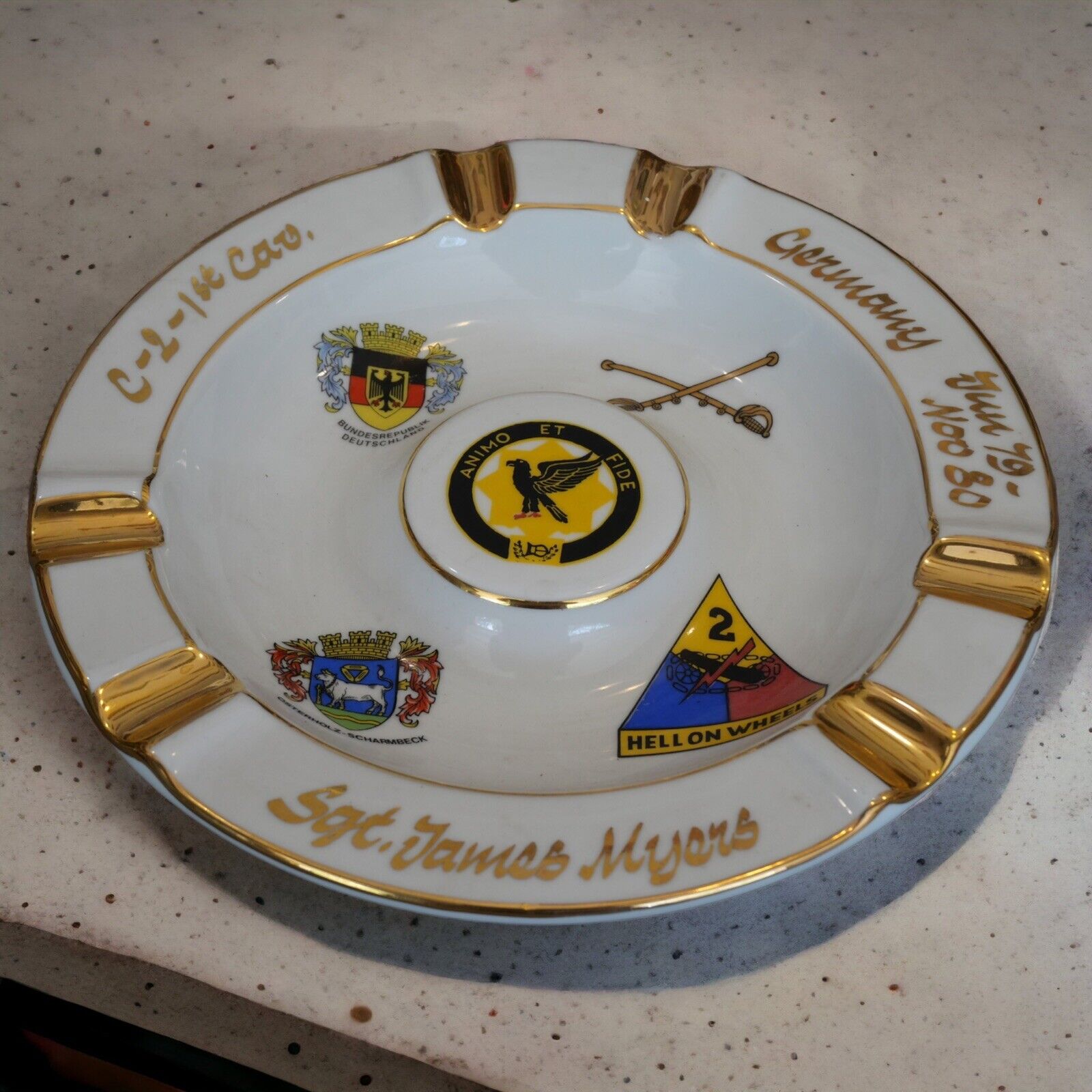Vintage 1979-80 U.S. Army 1st Cavalry German Porcelain Souvenir Cigar Ashtray