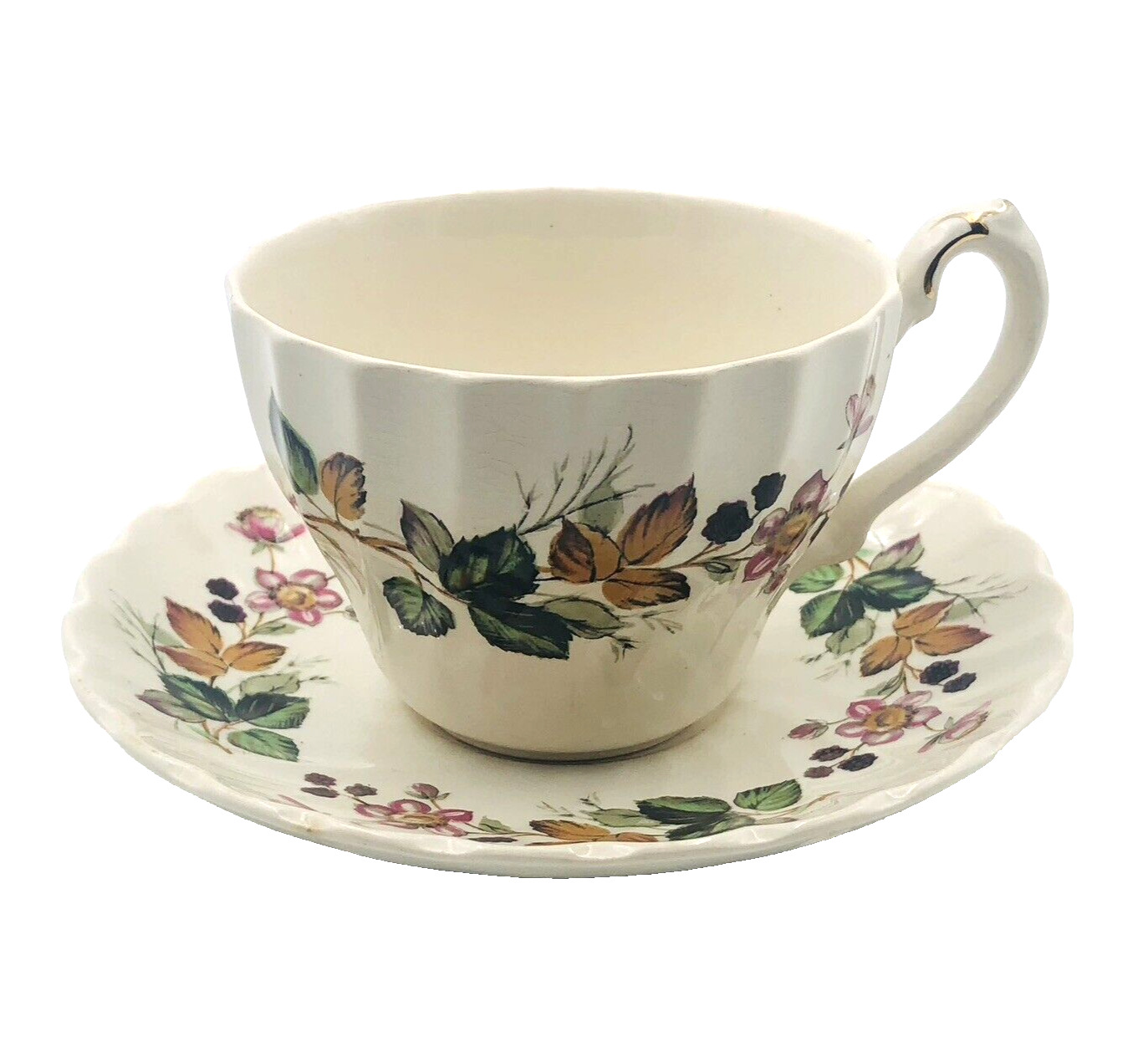 Set Hedgerow Olde Chelsea Staffordshire Tea Cup & Saucer rare single Stamped cup