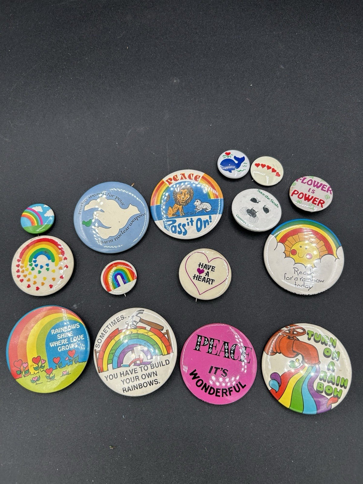 Vintage Peace , Love , Rainbow Theme Pinback Buttons 80’s & 70’s Vintage Peace , Love , Rainbow Theme Pinback Buttons 80’s & 70’s