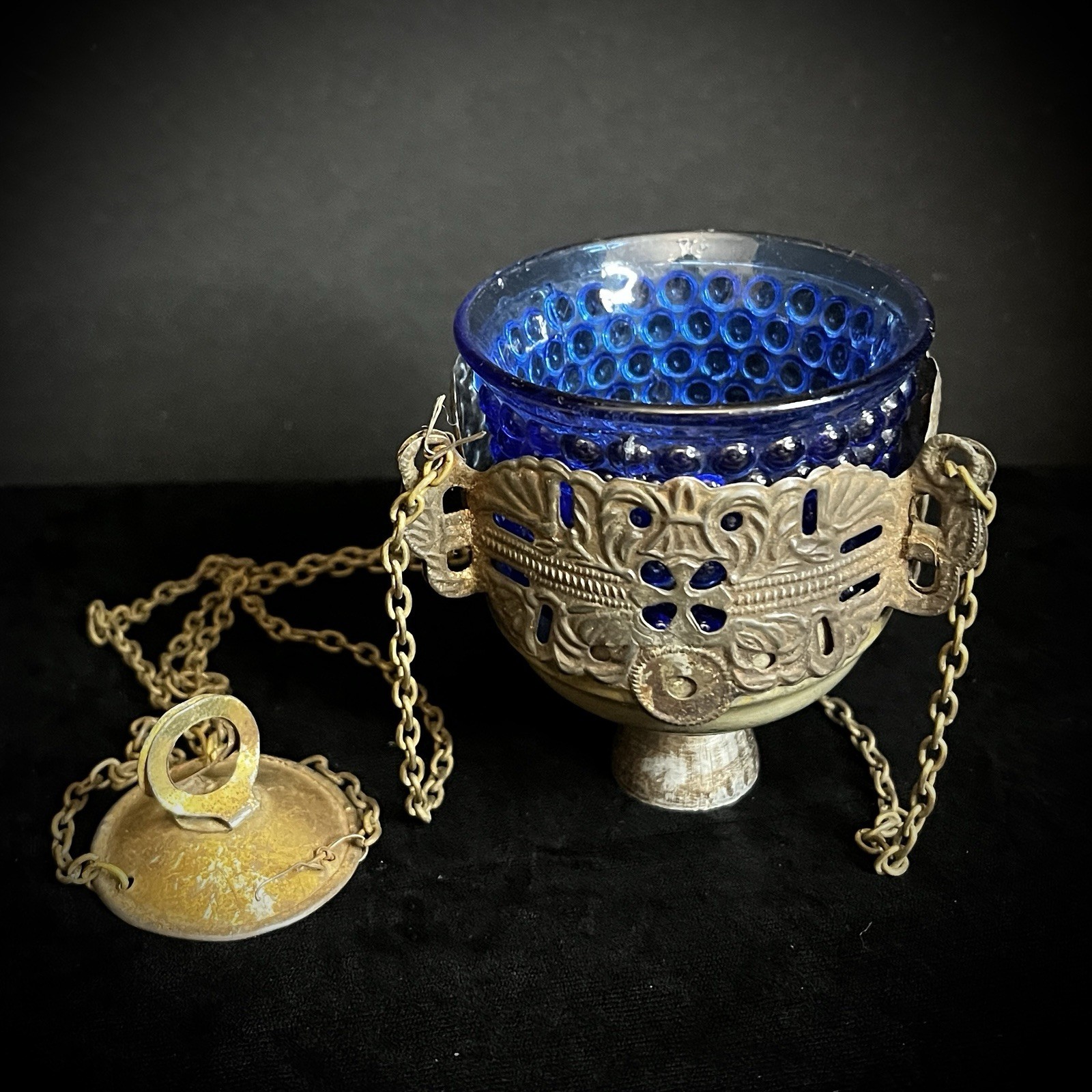 Pre-1900s ANTIQUE ORTHODOX BRASS HANGING LAMPADA (CHURCH LAMP) Blue Glass Insert Pre-1900s ANTIQUE ORTHODOX BRASS HANGING LAMPADA (CHURCH LAMP) Blue Glass Insert