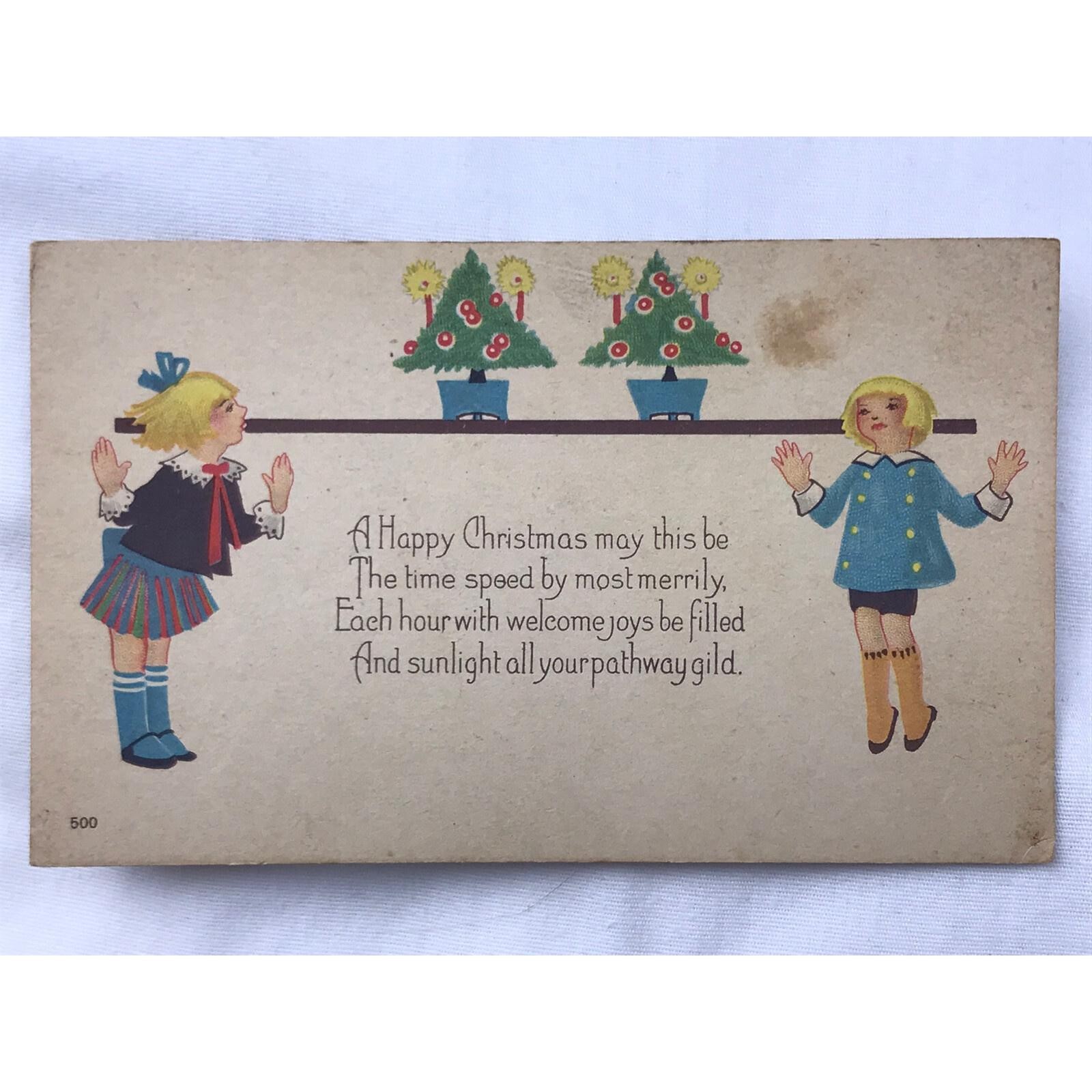 Happy Christmas Children Antique Postcard Vintage Decorated Tree Happy Christmas Children Antique Postcard Vintage Decorated Tree