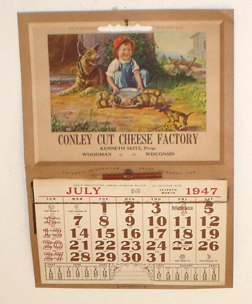 Vintage 1947 Conley Cut Cheese Factory Woodman, Wisconsin Calendar w/ Pencil M17 Vintage 1947 Conley Cut Cheese Factory Woodman, Wisconsin Calendar w/ Pencil M17