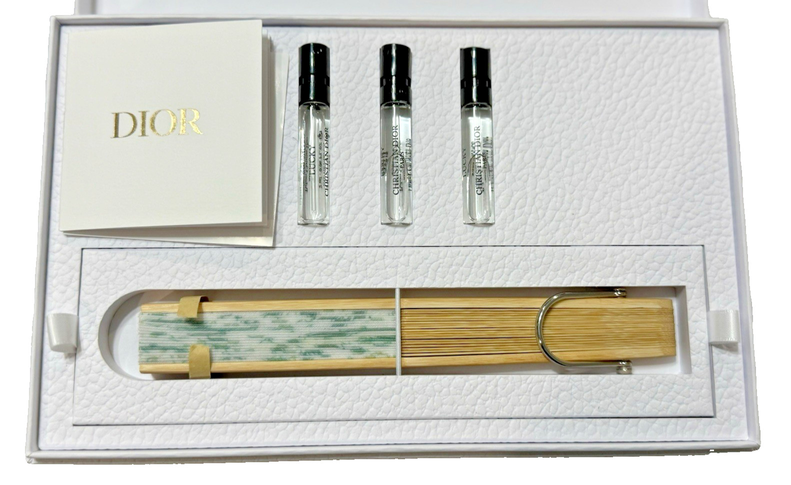 Christian Dior Folding Fan Sensu Green W/ Strap & Lucky Perfume Set VIP Gift