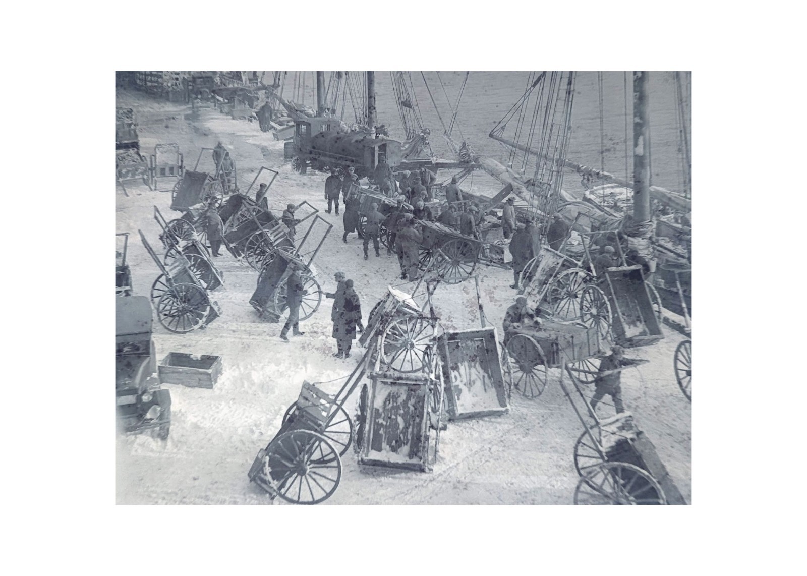 1920s Boston Fish Pier Hand Carts Schooners Blizzard  Glass Plate Negative OOAK