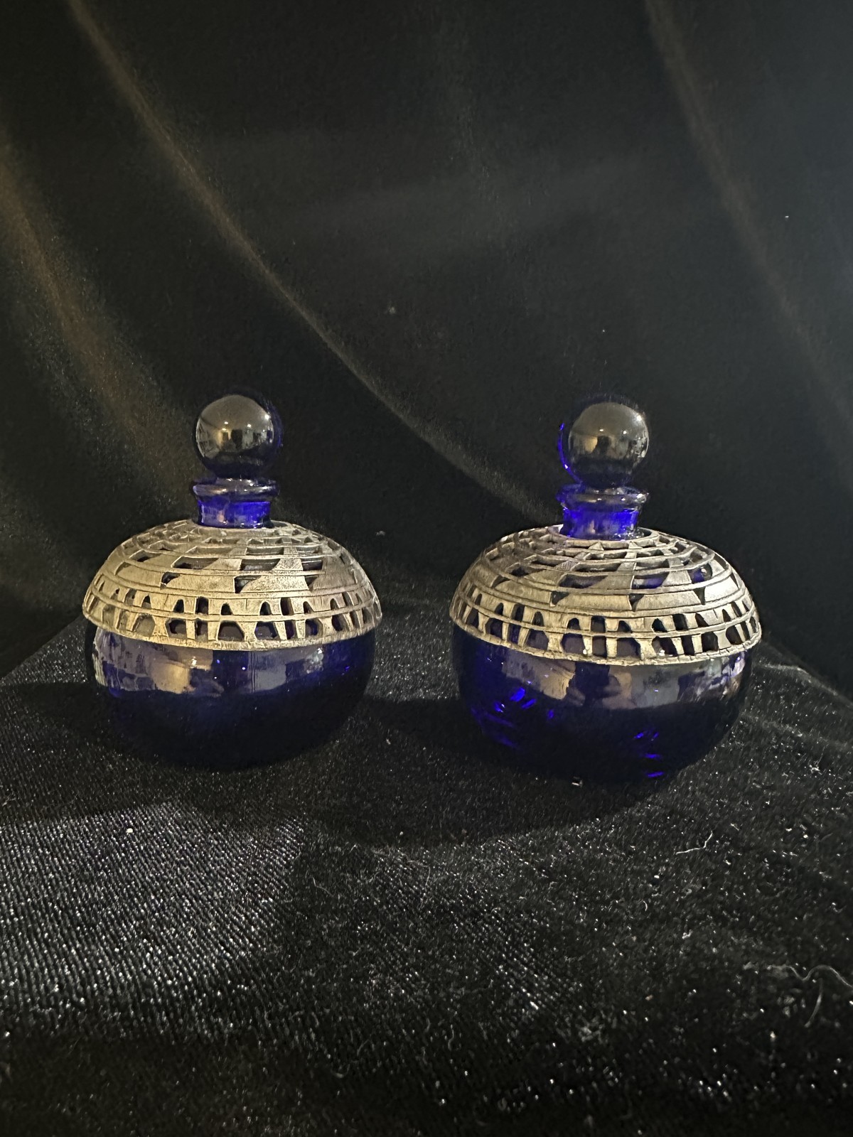 Pair Cobalt Blue Glass Perfume Bottles Silver Tone Pierced Overlay Ball Stopper Pair Cobalt Blue Glass Perfume Bottles Silver Tone Pierced Overlay Ball Stopper