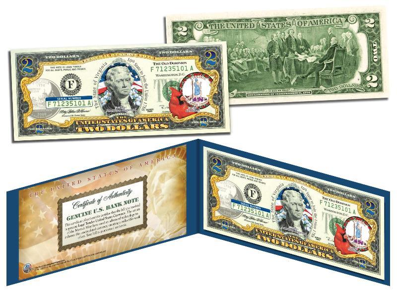 VIRGINIA Statehood $2 Two-Dollar Colorized U.S. Bill VA State *Legal Tender* VIRGINIA Statehood $2 Two-Dollar Colorized U.S. Bill VA State *Legal Tender*
