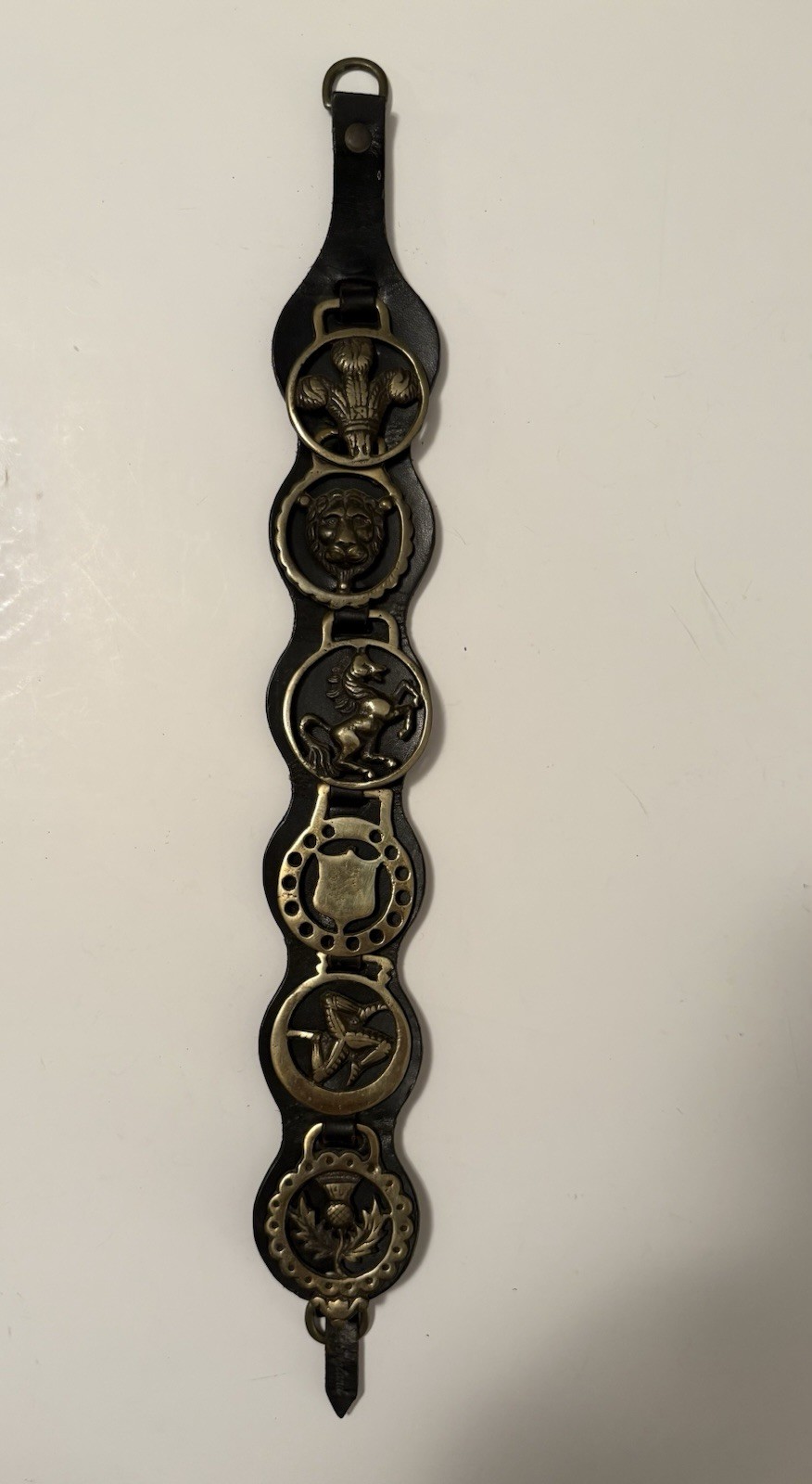 Vintage English Horse Brass Leather Strap 6 Medallions Equestrian Wall Hanging