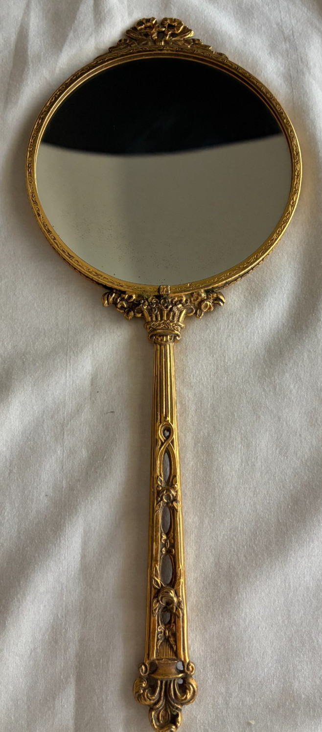 Vintage Antique Victorian Style Ornate Gilt Brass Double Sided Hand Mirror