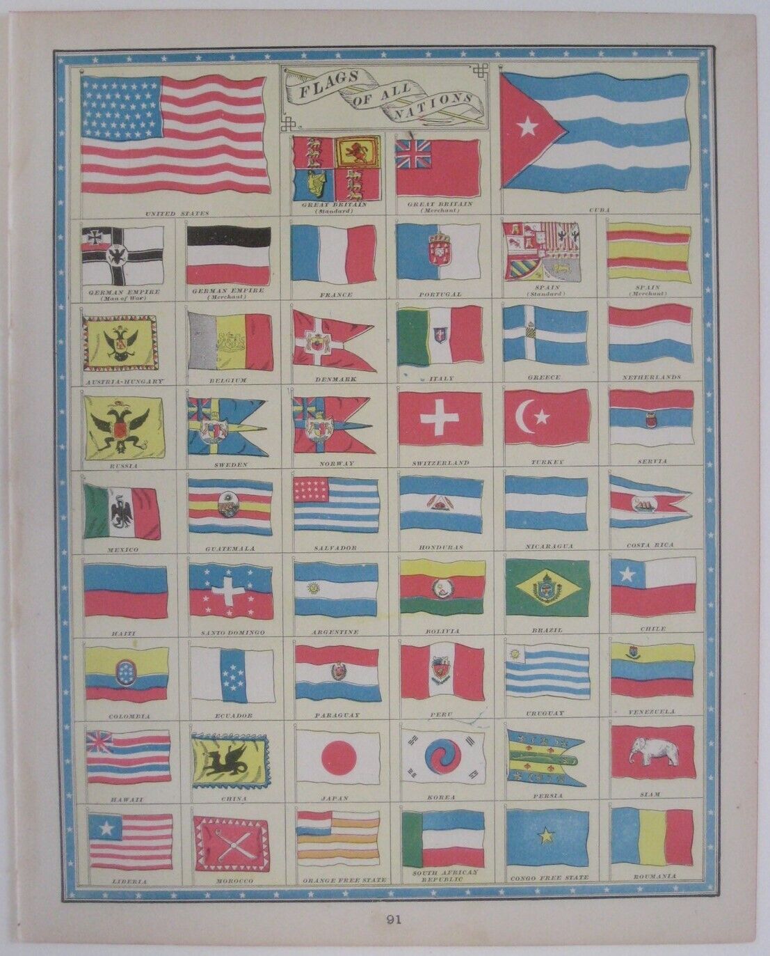 Original 1899 Color Lithograph FLAGS OF ALL NATIONS 44-Star United States Flag