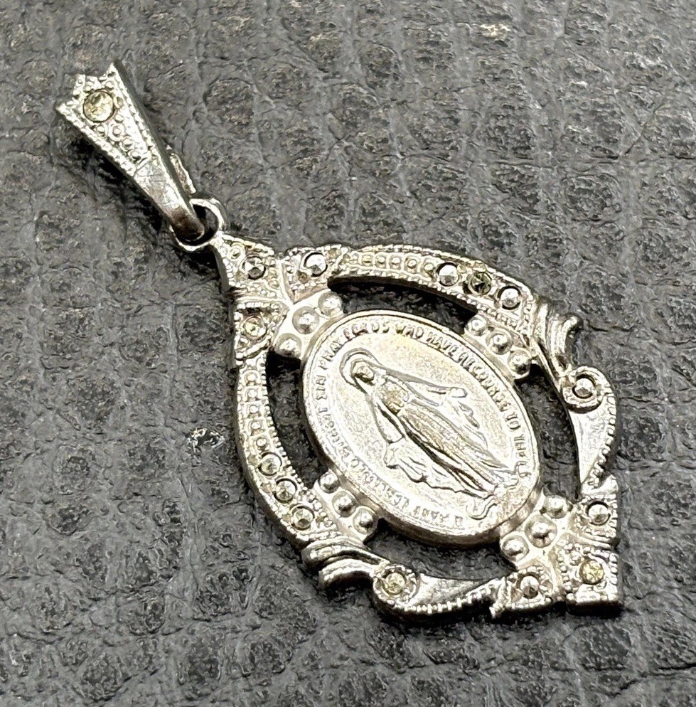 VTG Ann Gale Sterling Silver 925 Miraculous Medal Religious Marcasite Pendant VTG Ann Gale Sterling Silver 925 Miraculous Medal Religious Marcasite Pendant