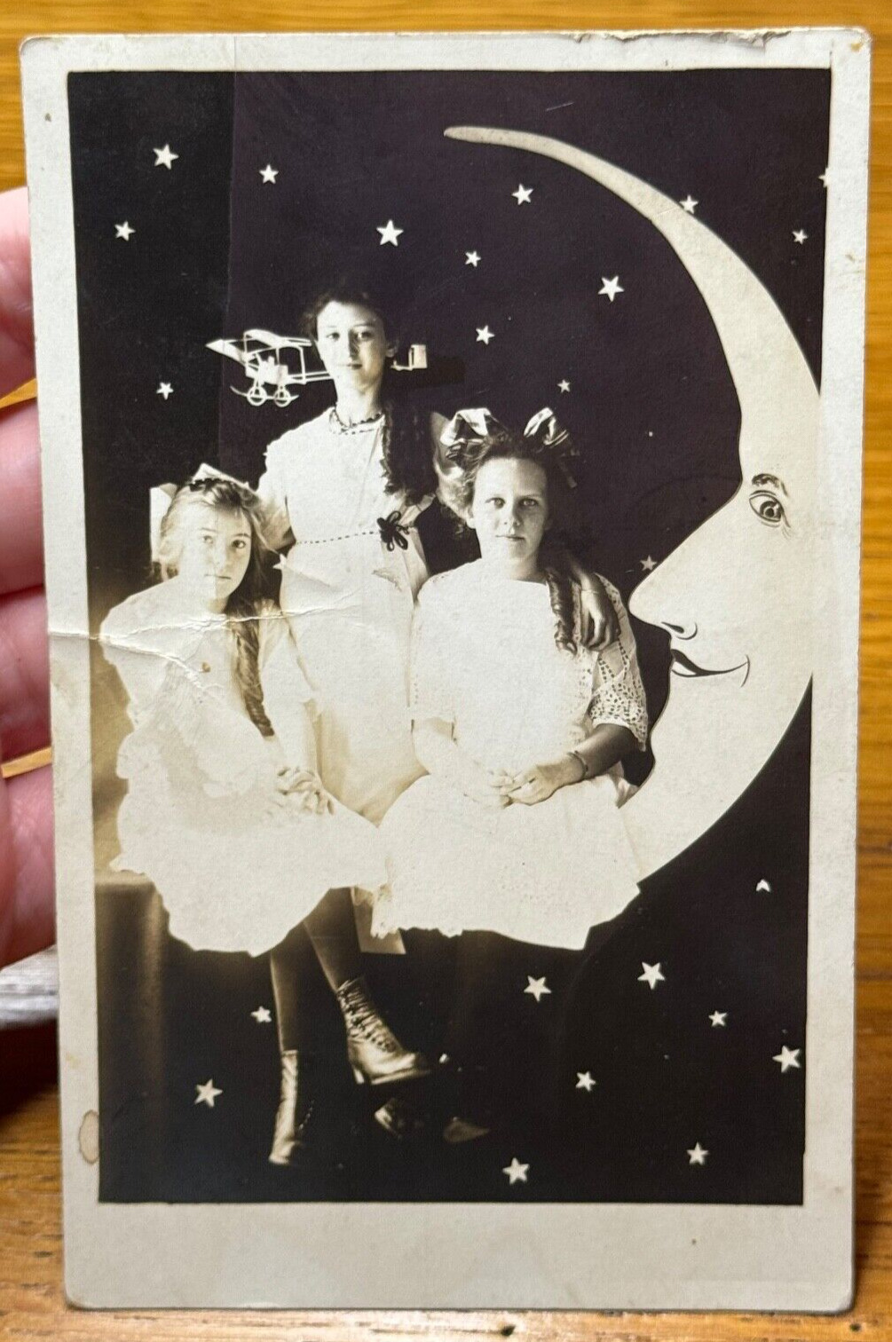Vintage Paper Moon Studio Prop Airplane Stars Three Girls Postcard RPPC