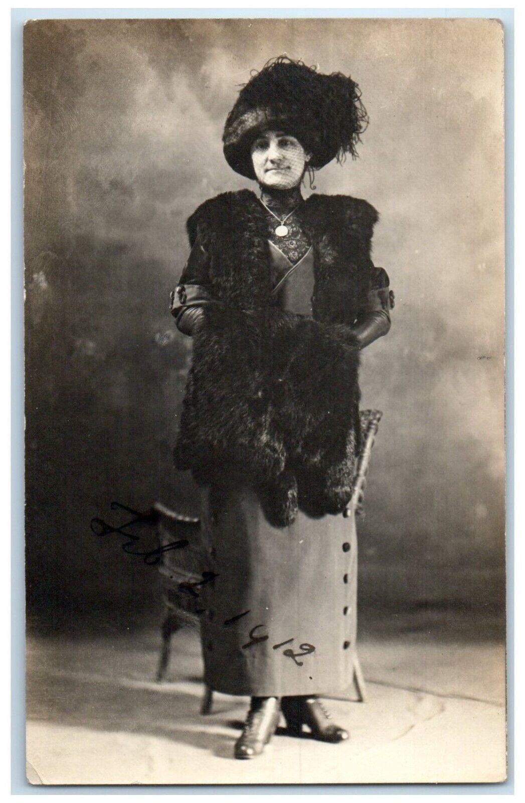 1912 Woman Studio Portrait Parsons Kansas KS RPPC Photo Fur Coat Hat Postcard