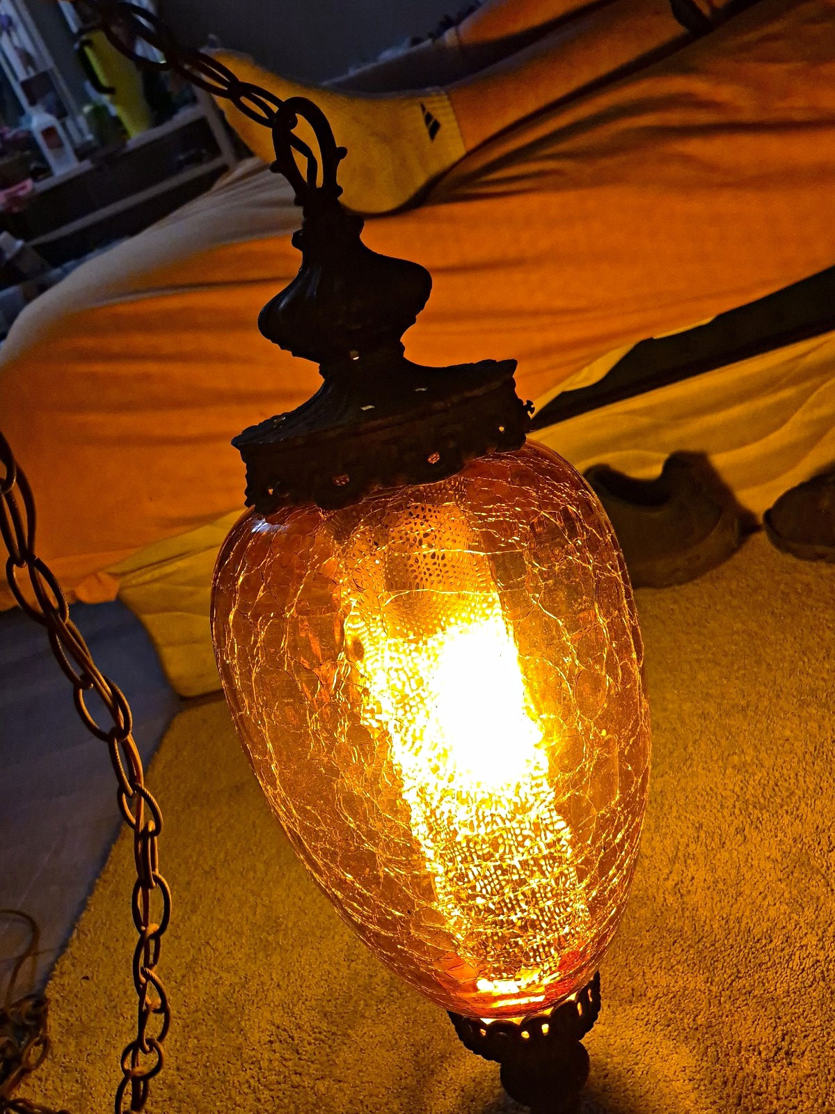 RARE Vintage Carl Falkenstein Amber Crackle Glass Swag Lamp MCM Pendant Light RARE Vintage Carl Falkenstein Amber Crackle Glass Swag Lamp MCM Pendant Light