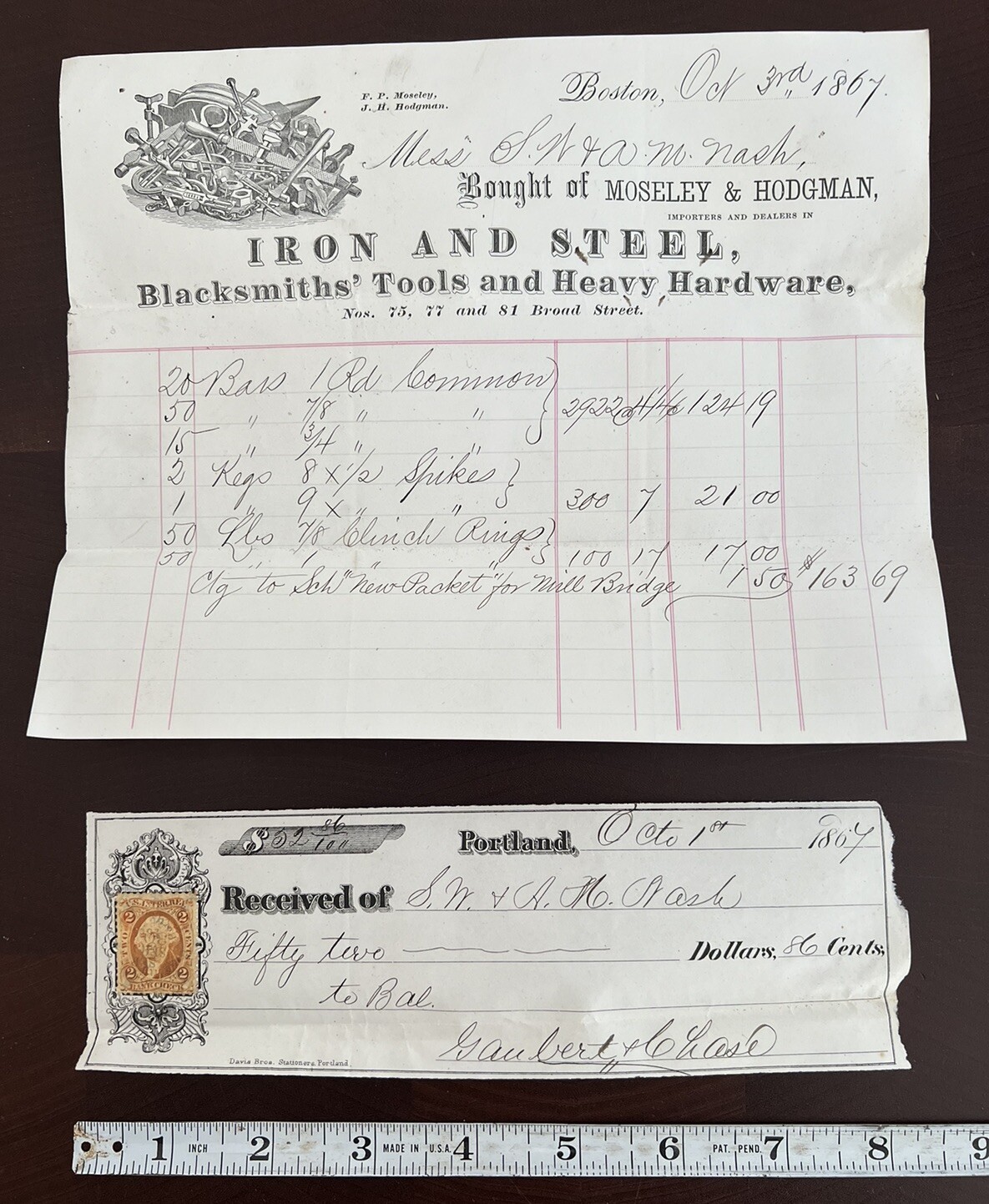 Antique 1867 Billhead Receipt Moseley & Hodgman Iron & Steel Blacksmiths Boston Antique 1867 Billhead Receipt Moseley & Hodgman Iron & Steel Blacksmiths Boston