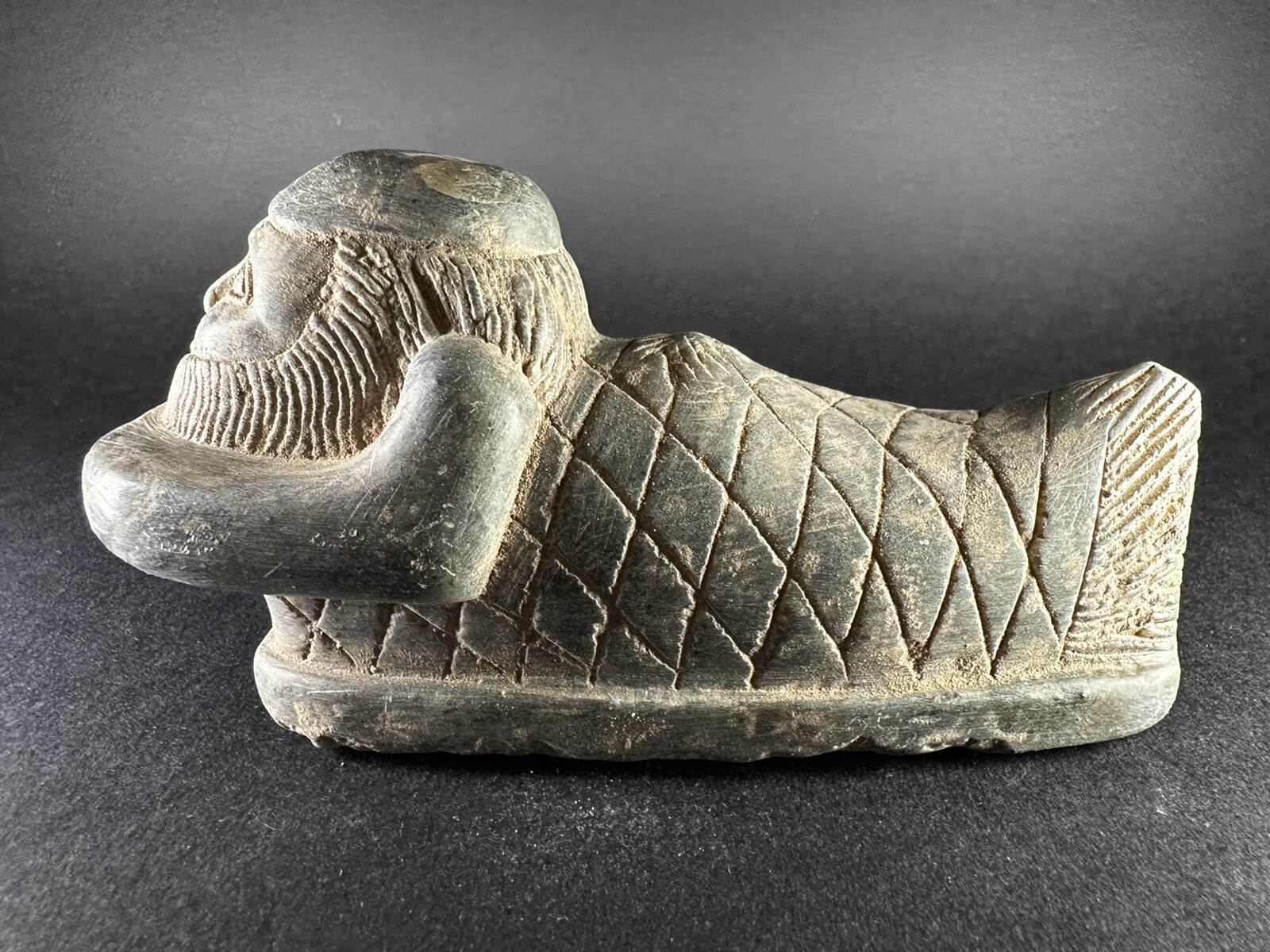 ANCIENT N-EASTERN BLACK STONE FIGURE WITH BEARDED HUMAN FACE & FISH BODY RARE