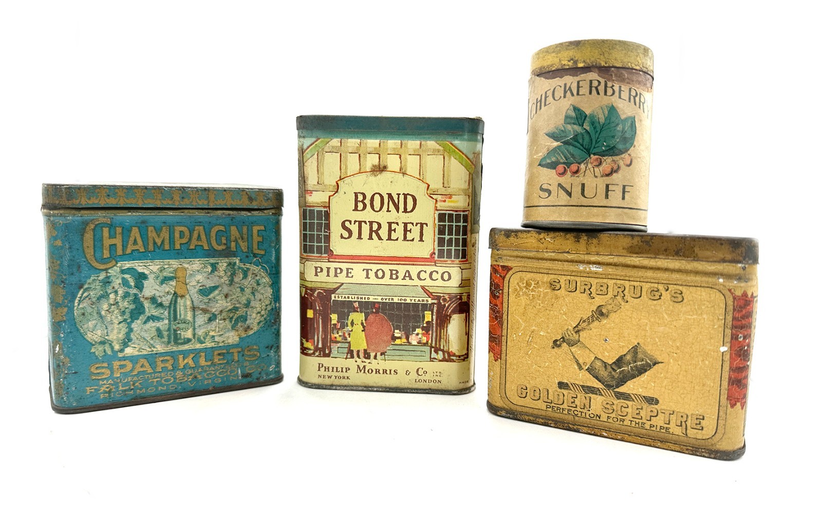 NICE Vintage Lot (4) Tobacco Tins | Bond Street, Surbrug's, Checkerberry, etc.