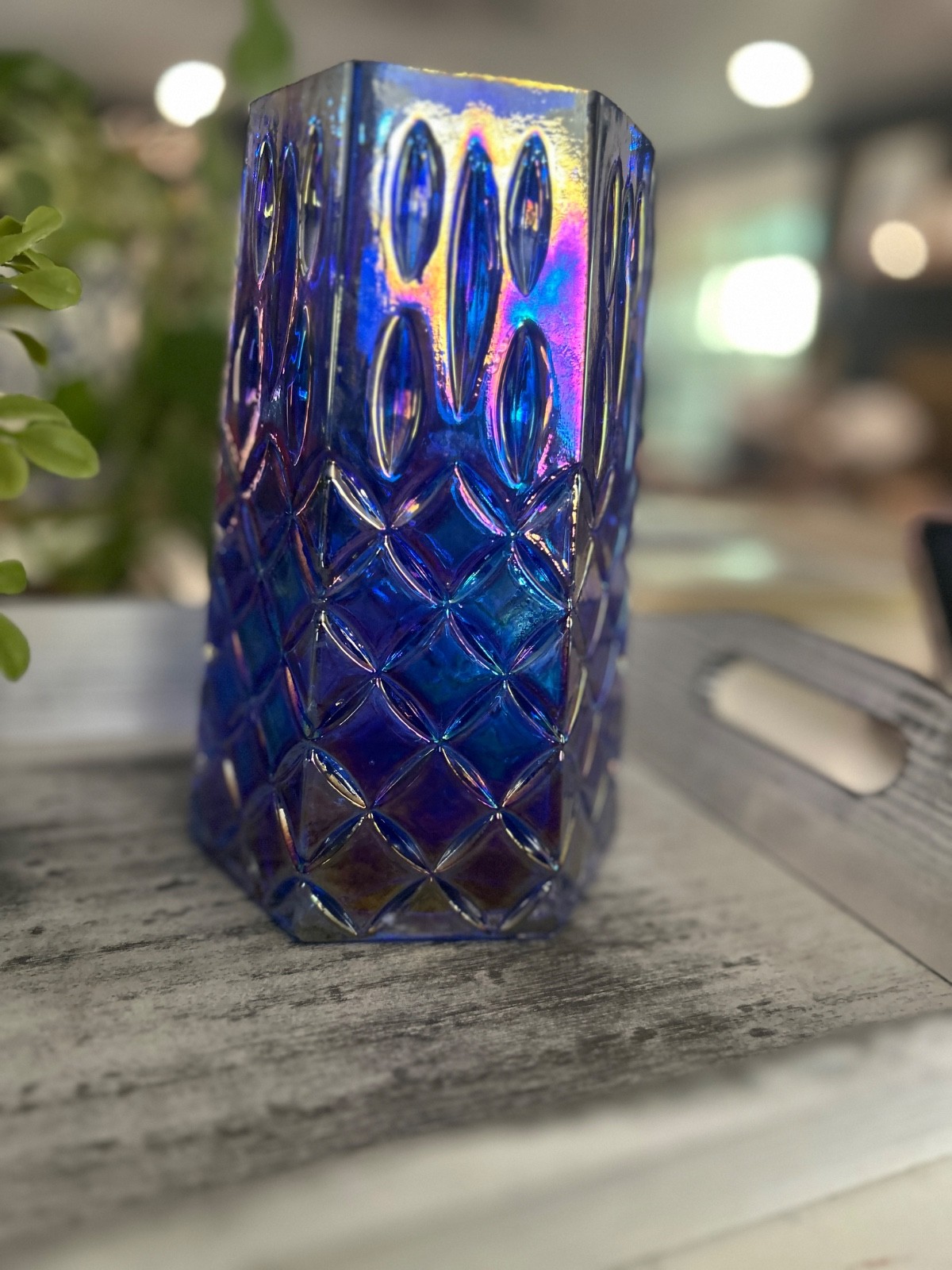 FTD Blue Iridescent Glass Vase Diamond Geometric Pattern Carnival Style FTD Blue Iridescent Glass Vase Diamond Geometric Pattern Carnival Style