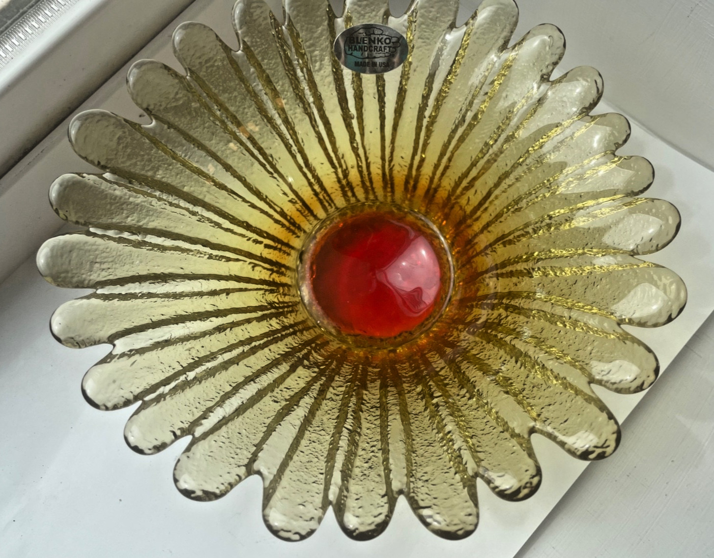 BLENKO ombré yellow & red glass bowl candy dish daily sunflower 7”