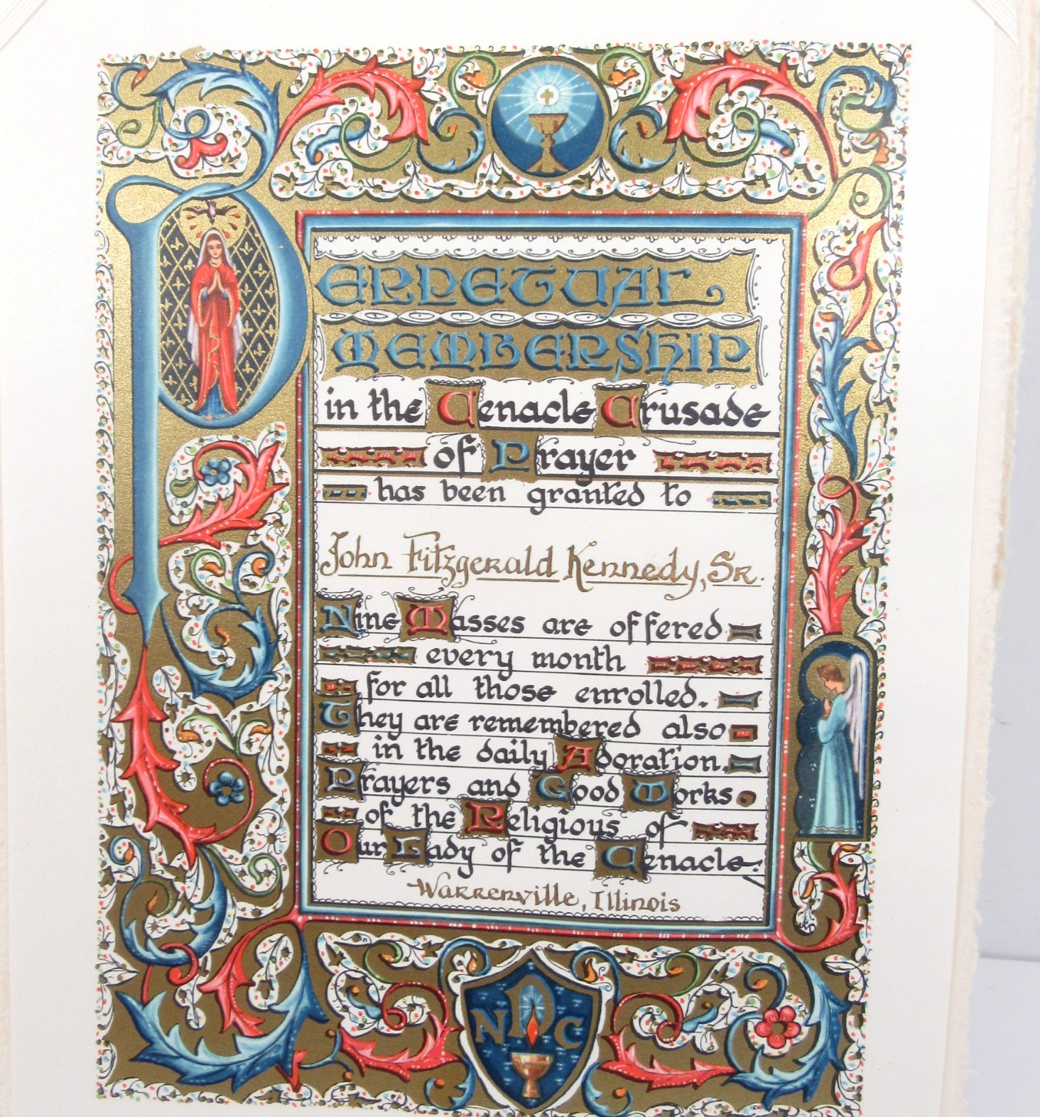 John F. Kennedy JFK Perpetual Membership Certificate Cenacle Crusade of Prayer John F. Kennedy JFK Perpetual Membership Certificate Cenacle Crusade of Prayer