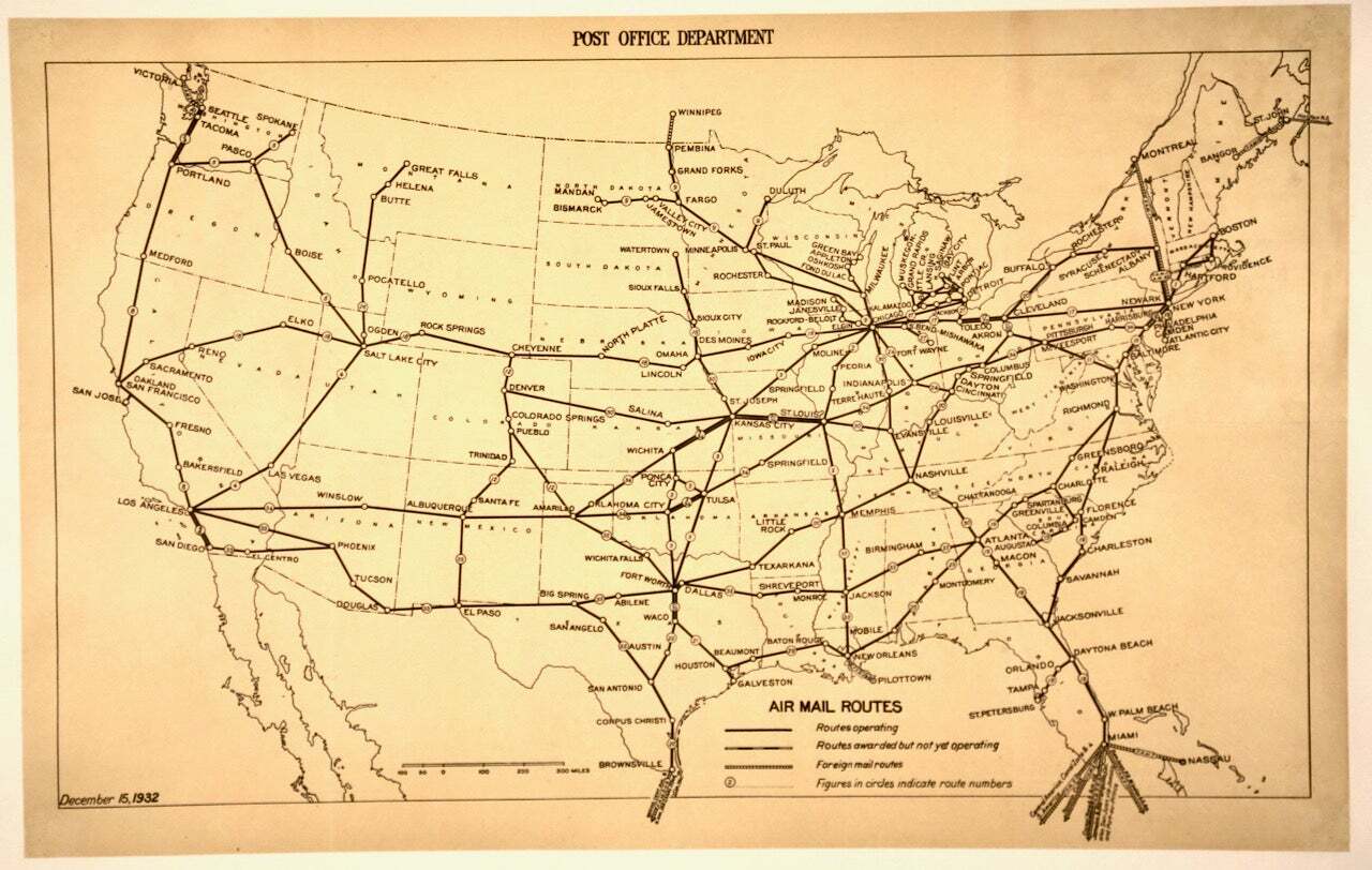 1932 ORIGINAL MAP AIR MAIL ROUTES U.S POST OFFICE / LINEN-BACKED / RARE