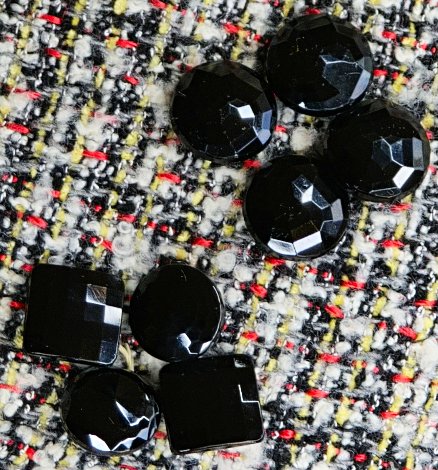 Vintage 1930s Jet Black Faceted Glass & Thermoset Haberdashery Buttons  Lot of 8