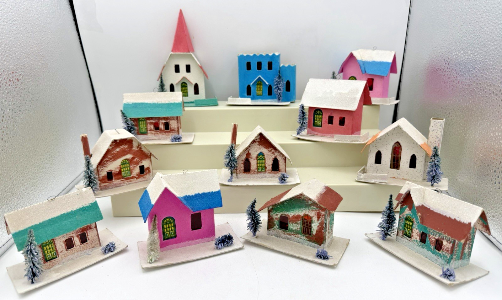 12 Vintage Putz Paper Cardboard Village Houses Church Made in Japan 1950s 12 Vintage Putz Paper Cardboard Village Houses Church Made in Japan 1950s