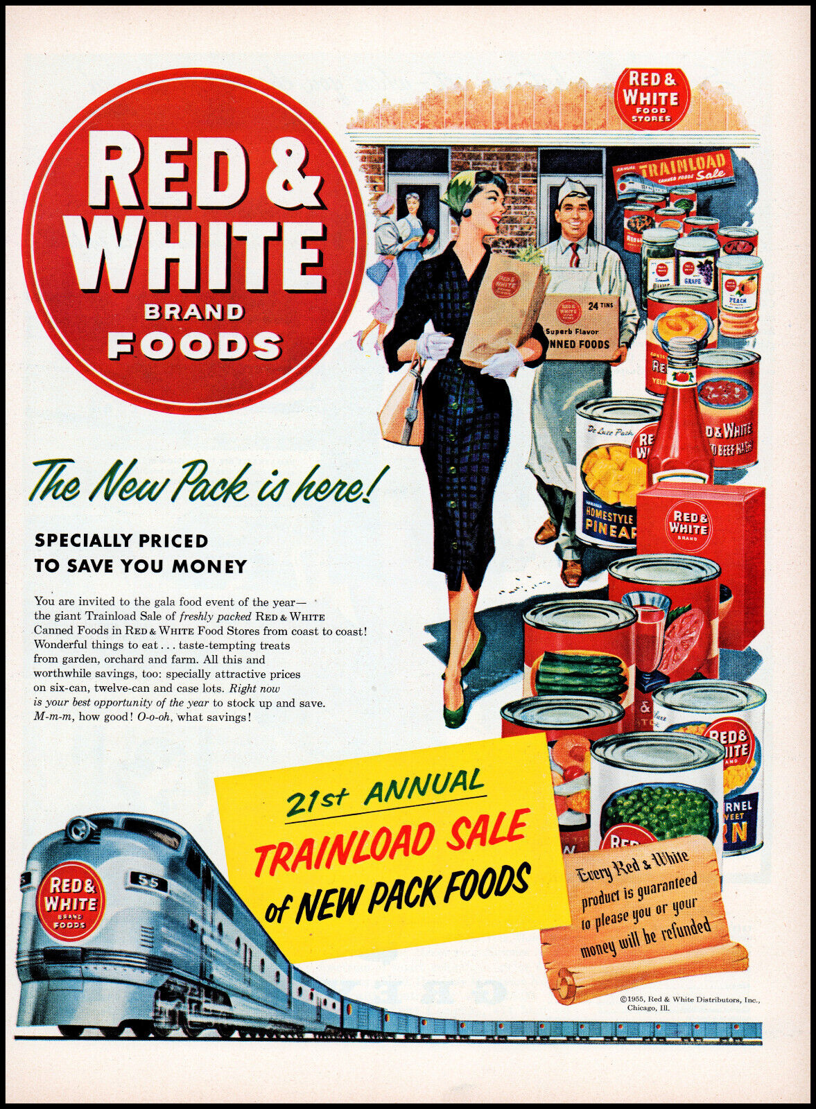 1955 Red & White Food Stores lady shopper trainload sale retro art print ad LA42