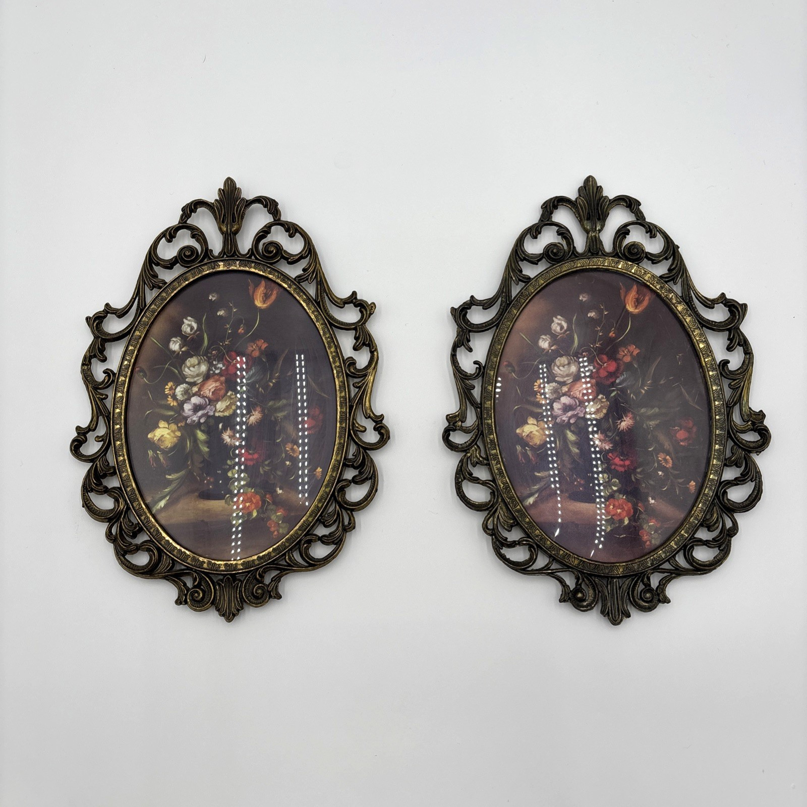 Vintage Italian Oval Metal Framed Floral Print Bubble Convex Glass Set of 2 Vintage Italian Oval Metal Framed Floral Print Bubble Convex Glass Set of 2