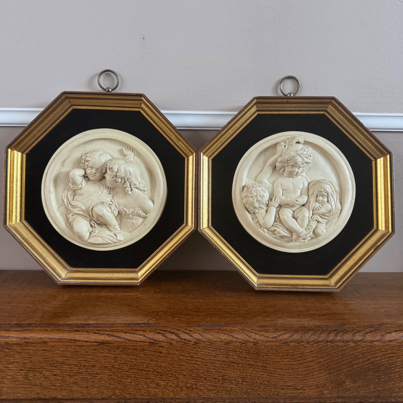 VTG Pair Octagon Frame Bas-Relief Wall Plaques Replica The Cherub Like Calmady C